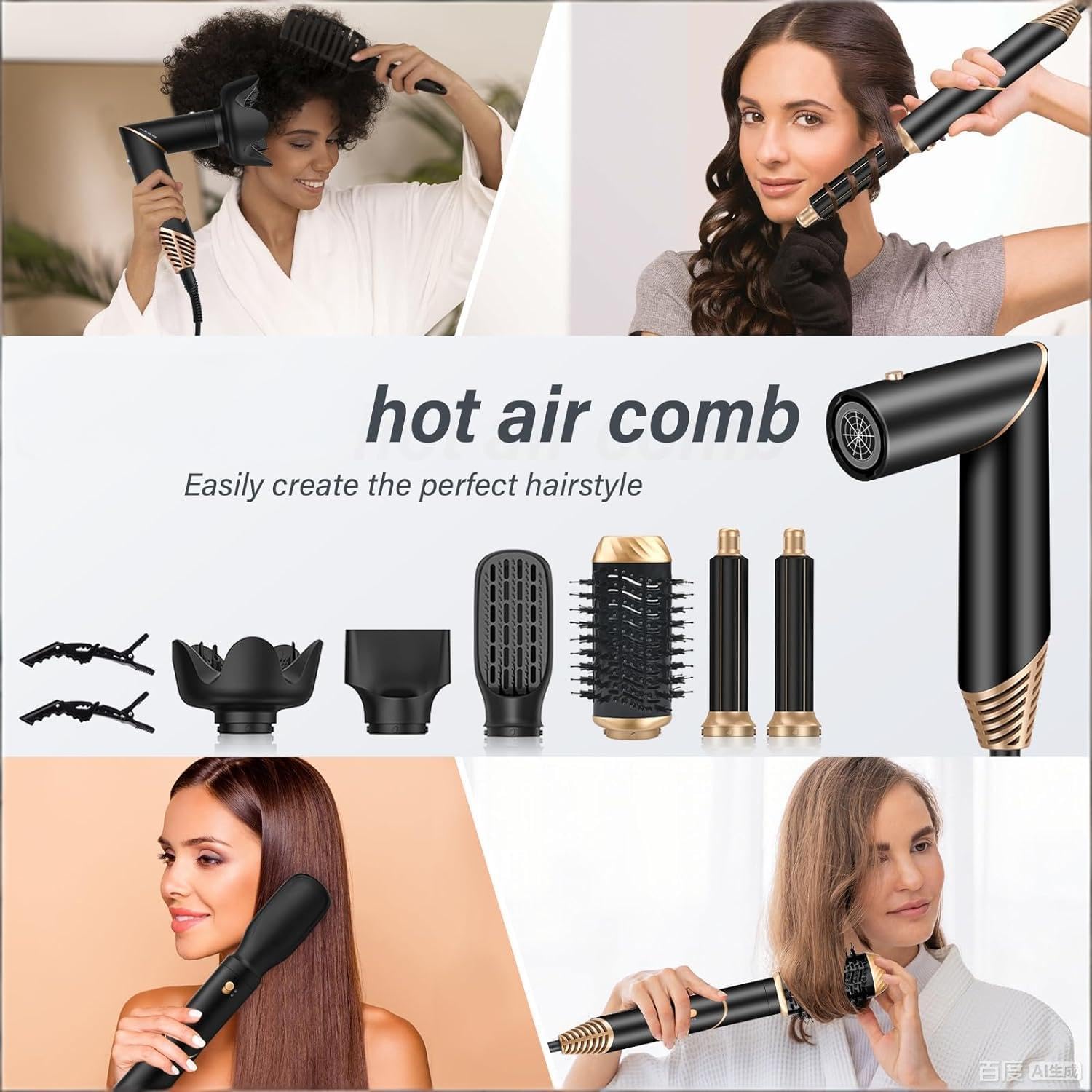 KYN 6 en 1 Airstyler, Brosse Soufflante Chauffante, Repliable Brosse à Cheveux avec Rouleau de Boucle Automatique Rotatif, Céramique Ionique Hairstyler pour Lisser, Boucler, Donner du Volume
