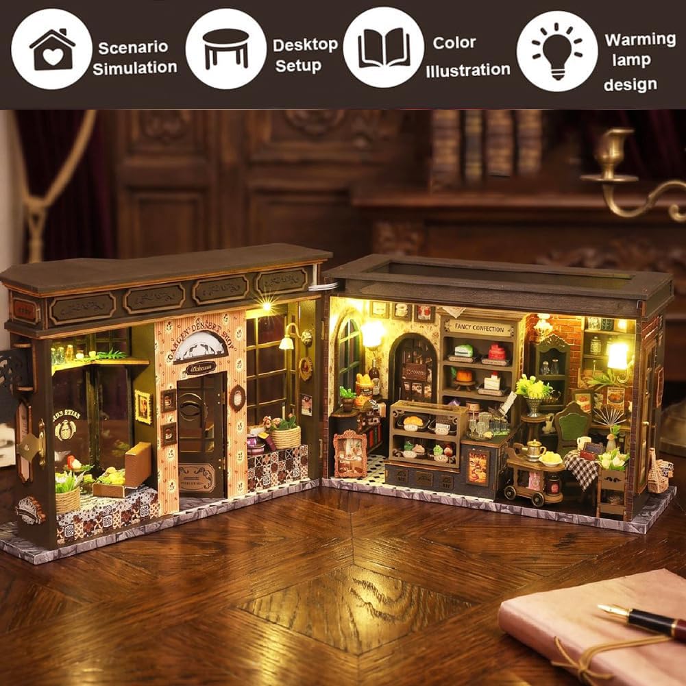 Kit puzzle 3D in legno, fai da te in miniatura casa delle bambole con luci a LED, decorazione da giardino per dessert, scaffale per libri, regalo creativo per adulti e ragazzi