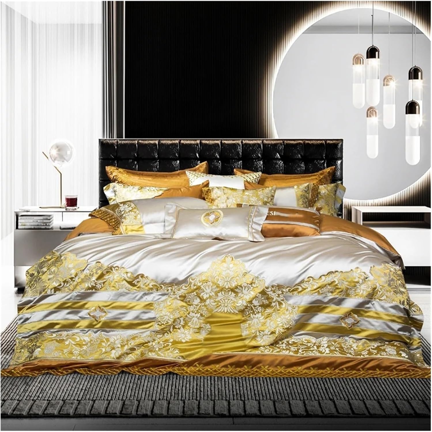 Gold Embroidery Patchwork Luxury Duvet Cover Cool Soft Silky Chic 4Pcs Queen Bedding Set Bedspread Sheet Pillowcases,Bed