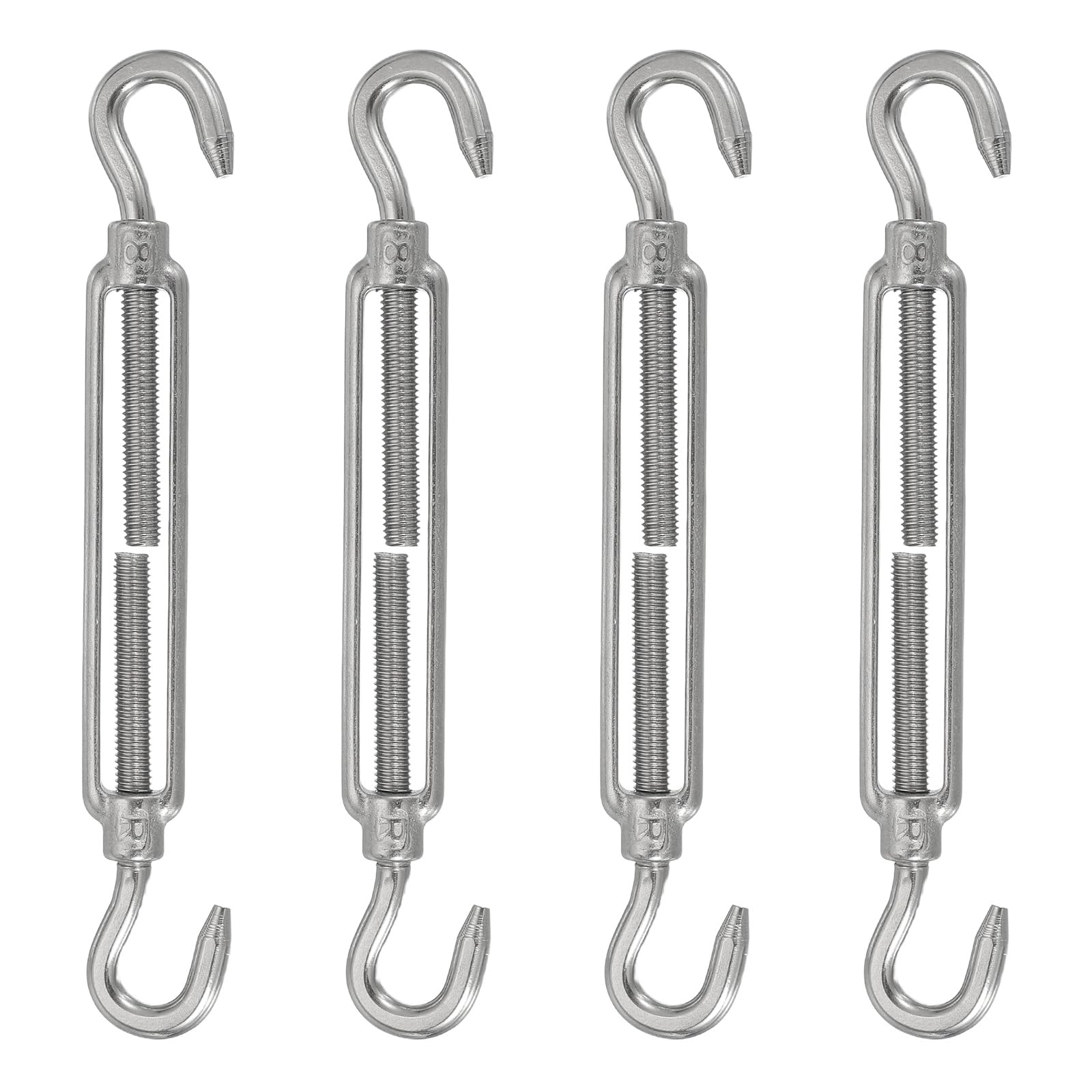 uxcell Lot de 4 tendeurs à crochet M8 en acier inoxydable 304, tendeurs réglables pour câbles, voile d'ombrage, corde à linge, tension de corde, argenté