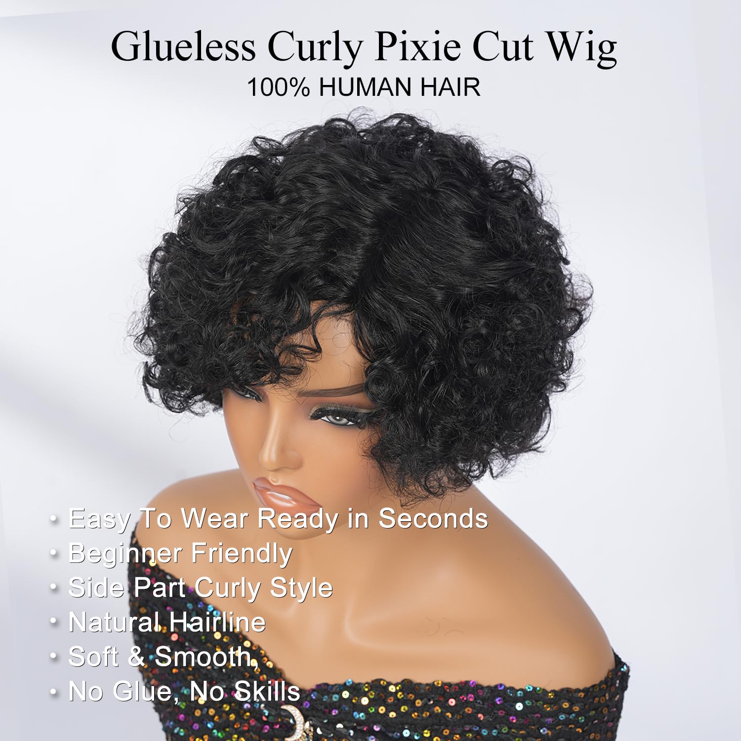SUPERNOVA Pixie Cut Curly Wig Human Hair Glueless Curly Bob Wig Human Hair Short Pixie Wigs For Black Women Side Part Full Machine Made Glueless Wigs For Daily Use Beginner Friendly 6inch