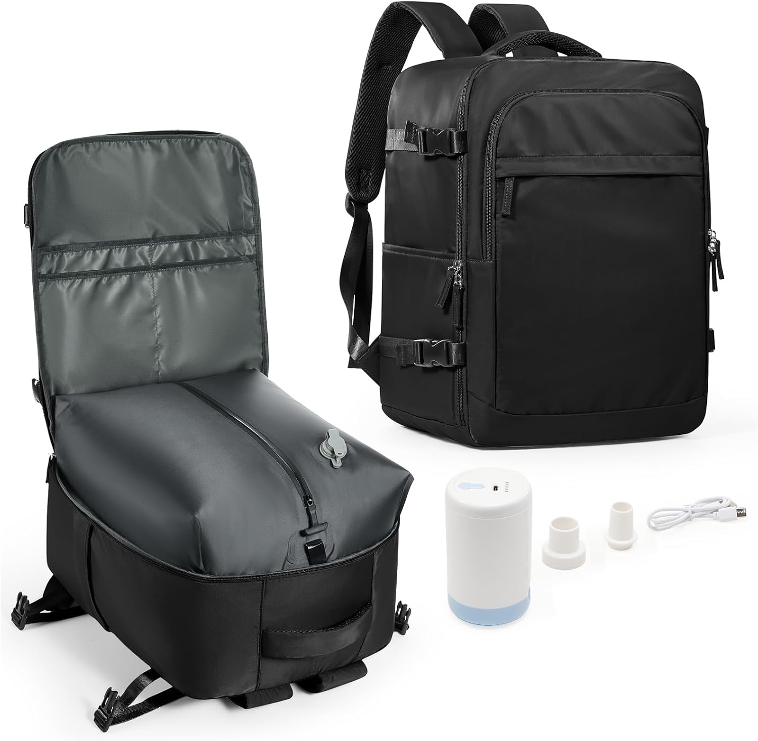 livbote Airplane Cabin Travel Backpack, 40 x 30 x 20, Waterproof Hand Luggage Travel Backpack with Shoe Compartment and Wet Pocket, H-Black-3, Vacuum Backpack with Electric Pump