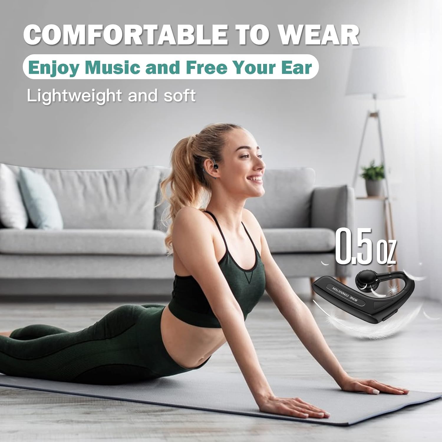 Open Ear Headphones Wireless Bluetooth Single Bone Conduction Wireless Earbuds with Earhooks Bone Conduction Headphones Bluetooth Head Set Earphones IPX5 Waterproof Long Battery Life Earpiece Black
