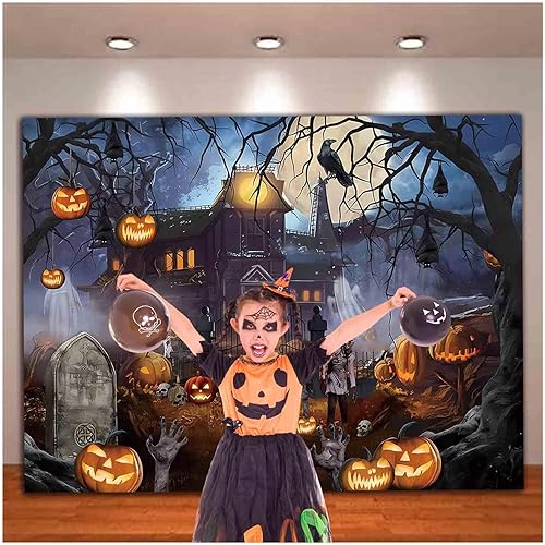 Miniatura 3 de Telón de fondo temático de Halloween para fotografía, castillo de fantasmas, luna, noche aterradora, calabaza, farol, cuervo, fondo para fotos de