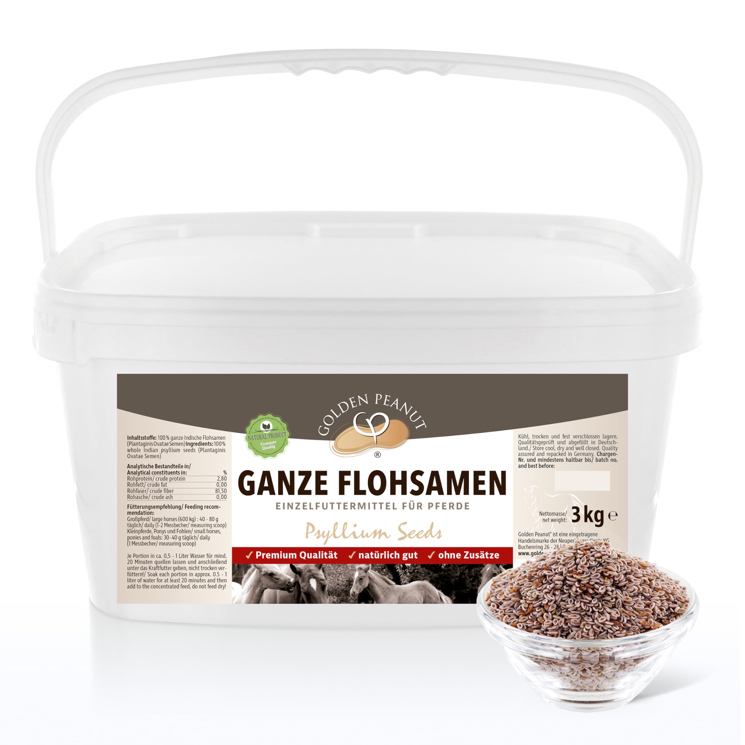 GOLDEN PEANUT Indische Flohsamen ganz 99% Reinheit - für Pferde und Ponys 3 kg, Darmsanierung, natürlich füttern