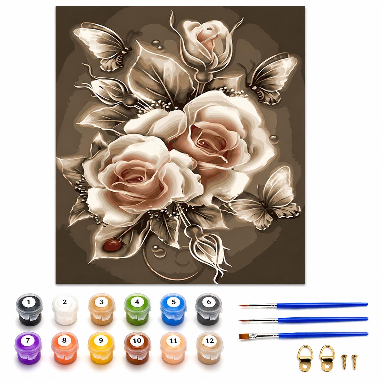 Syntego Beige Roses & Butterfly Paint by Numbers Kit for Adults – 50x40cm Canvas DIY Painting Set with Acrylic Paint & Brushes – Easy Art Craft, Home Decor & Gift — image 1