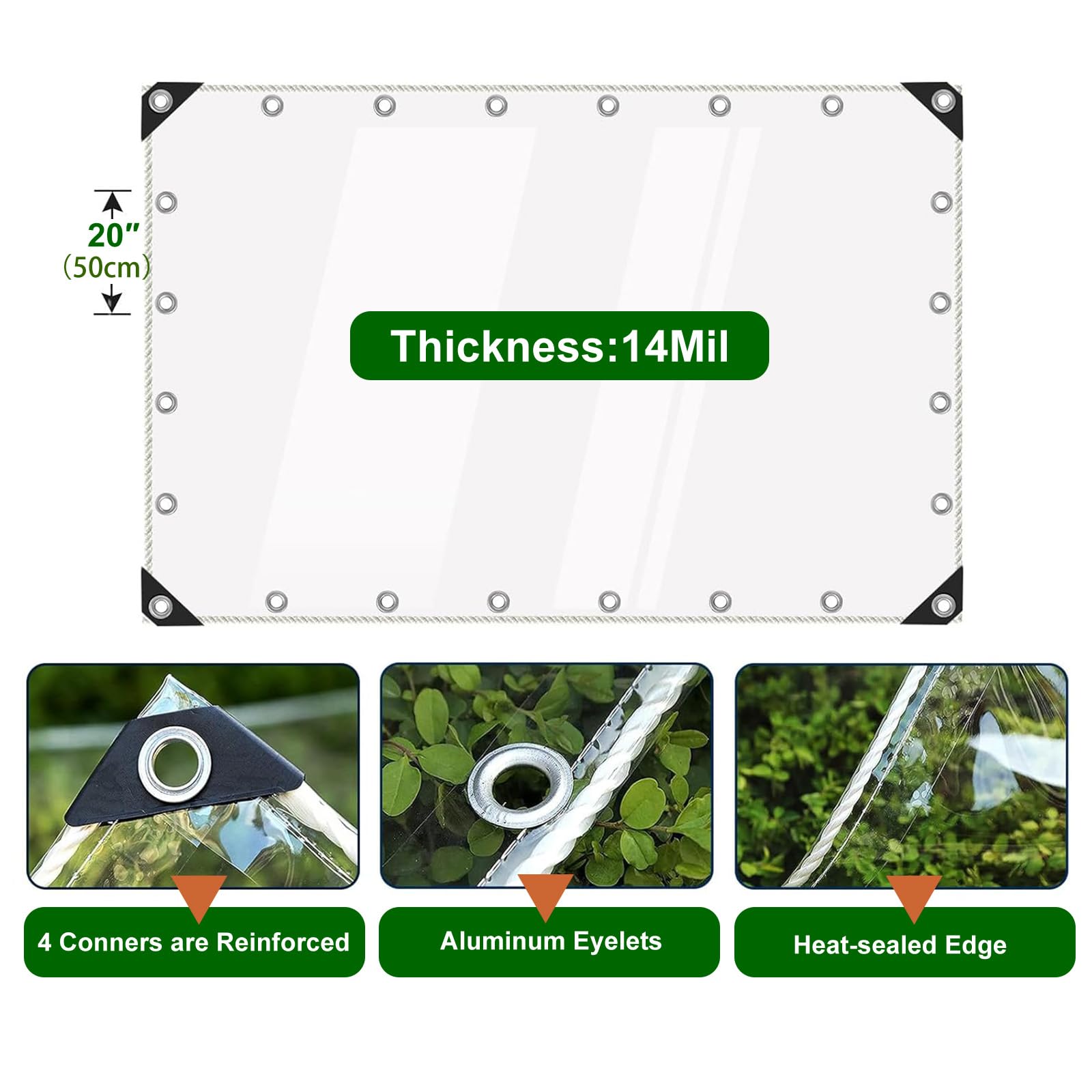 Transparente Abdeckplane, strapazierfähig, wasserdicht, 420 g/m², 2 m x 4 m, transparente PVC-Plane mit Metallösen, Winddicht, reißfest, für Garten, Pavillon, Terrasse