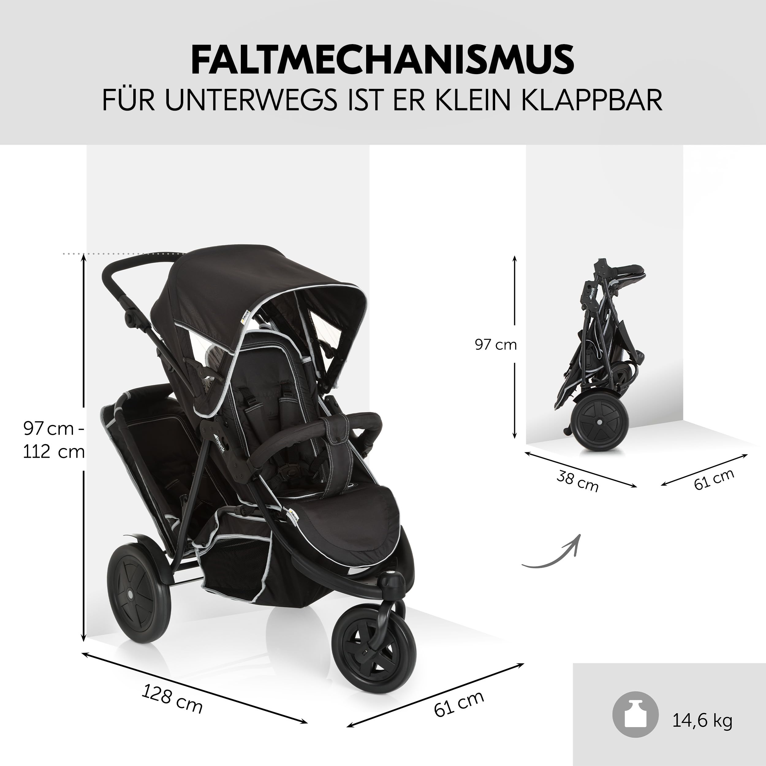 Hauck Freerider Black Dreirad Geschwisterbuggy Kinderwagen für 2 Kinder mit Regenschutz, oberer Sitz ab Geburt Liegeposition, abnehmbarer Zweitsitz ab 6 Monaten