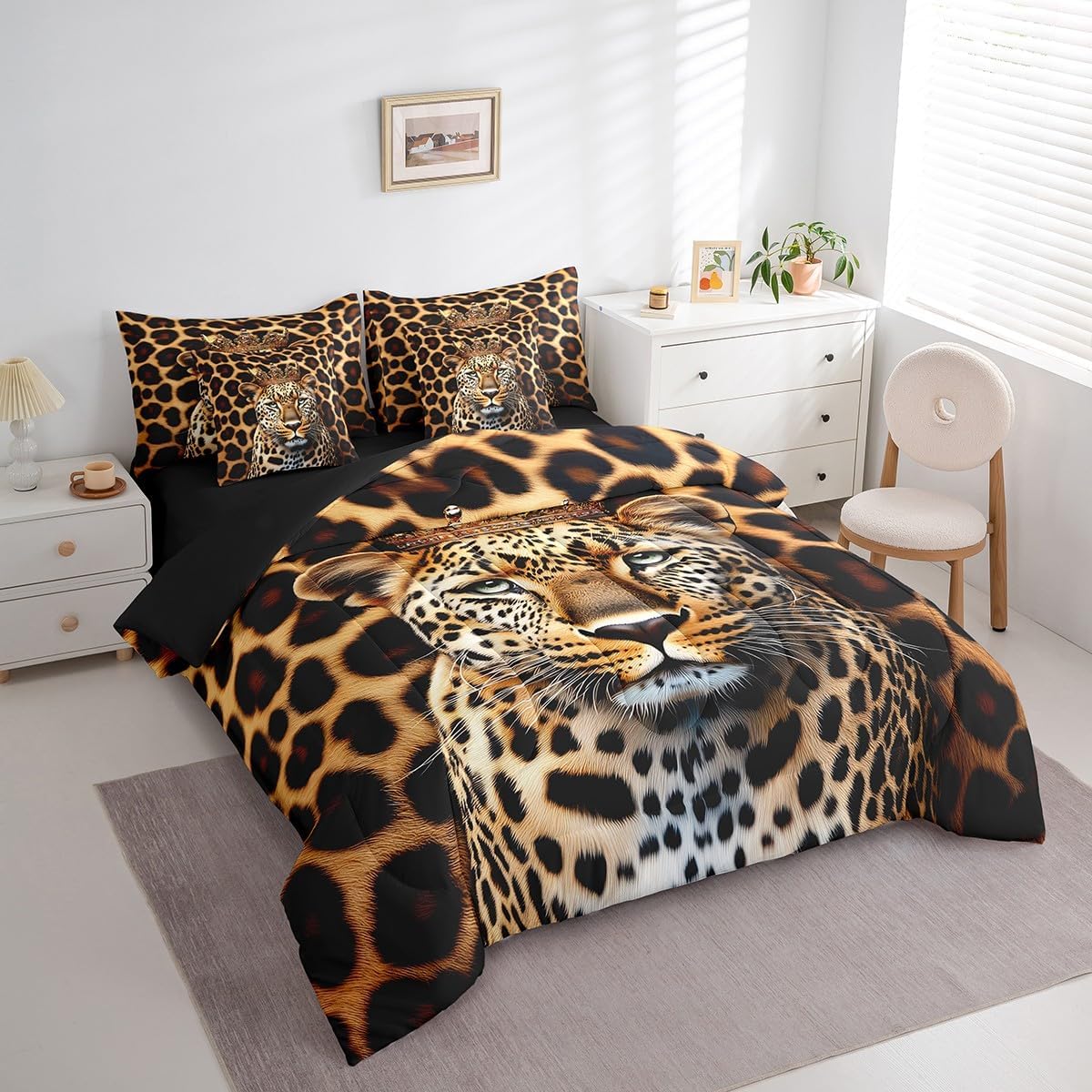 Feelyou Leopard Print Comforter Set 7 Pieces Queen Size Cheetah Print Bedding Set for Kids Wild Animal Decor Bed in a Bag,Comforter & Sheets & Pillowcases & Cushion Covers（No Real Fur）