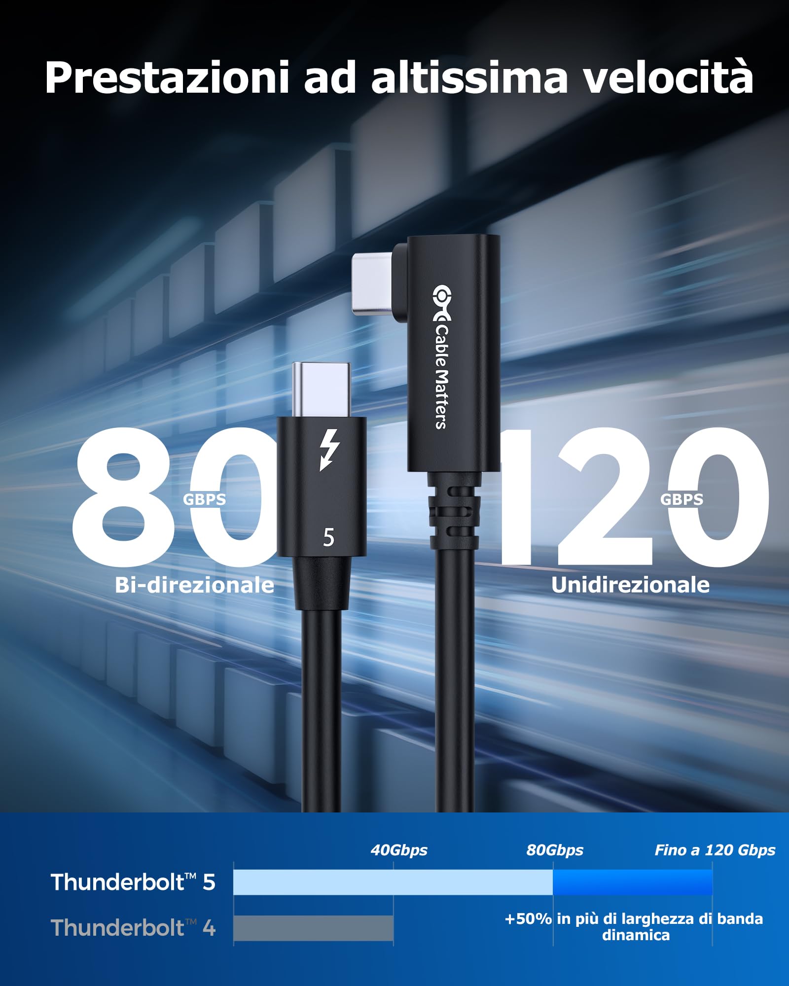 Cable Matters [Certificato Intel Cavo Thunderbolt 5 ad angolo retto da 80G con aumento della larghezza di banda fino a 120G e ricarica da 240W - 0,8 m, compatibile con Thunderbolt 4, USB4, USBC, nero