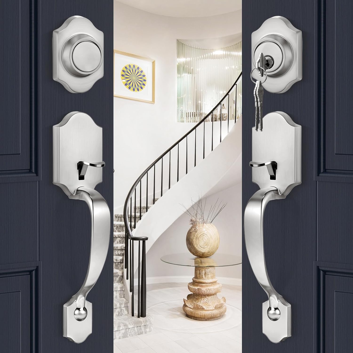 goldenwarm Double Front Door Lock Set, Brushed Nickel Double Door Handle with Dummy, Double Classic Front Door Hardware Set with Reversible Wave Handle Lever, Double Entry Door Lock Set 1 Pack Brushed Nickel - Double Door Handleset