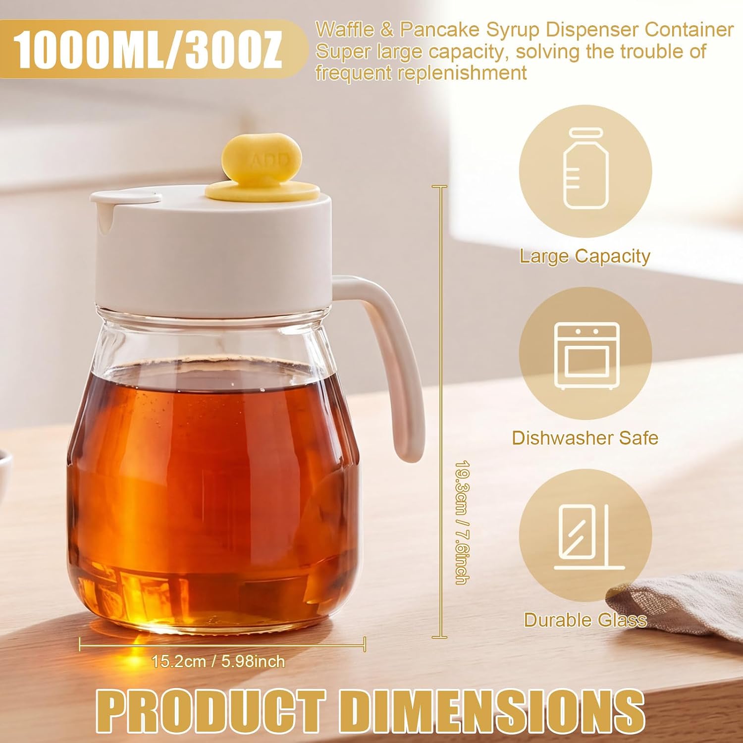 LemonRoad 32 oz Large Glass Syrup Dispenser, Anti-drip Maple Syrup Dispenser with Sealing Ring & Non-slip Handle, Waffle Pancake Honey Container Automatic Pour Spout for Maple Syrups, Oil, Honey