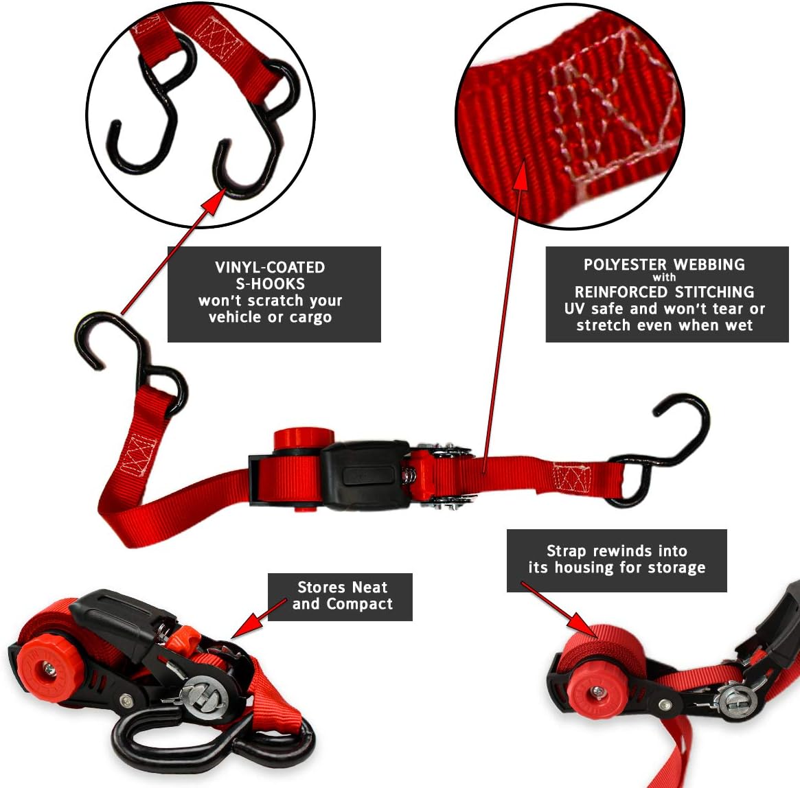 Self-Storing NeatStrap Ratchet Strap 1 in x 15 ft | 4 Pack | Motorcycle, Kayak Ratcheting Strap Tie-Downs for Neat Hauling and Storing | Tie Down Cargo Securely in Pickup Bed, Moving Truck, Trailer : Tools & Home Improvement