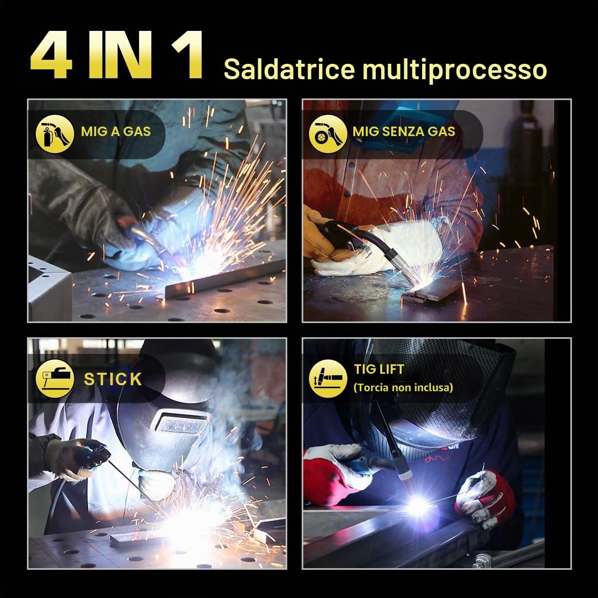 haxiaoer 160A Saldatrice MIG 4 in 1 Semi-Automatico Sinergia Gas MIG/Gasless MIG/ARC/Lift TIG Saldatrice a Filo No Gas con fili Flux Core Solid Core, Giallo