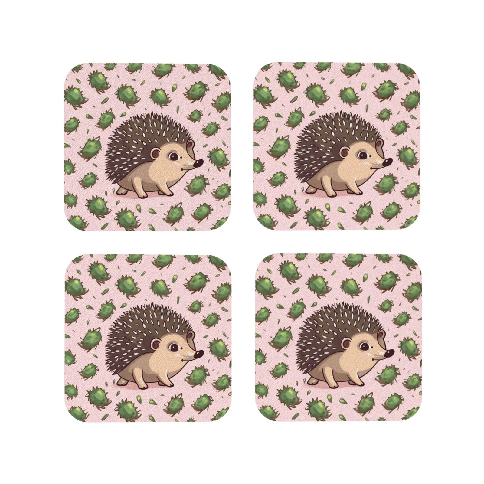 4pcs Drink Coasters for Tabletop Protection, 4" Leather Coasters for Drinks, Cartoon Hedgehog Cup Coasters for Coffee Table Decor, Non-Slip Drinking Cup Mat for Hot Or Cold Drink
