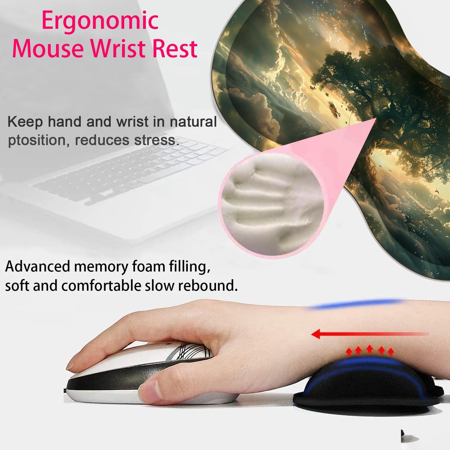 Large Gaming Mouse Pad + Mouse Wrist Rest Pad + Coaster Combination, 31.5 "x 11.8" Durable Non-Slip Extension Table Mat, Suitable for Office and Home, Cloud Tree