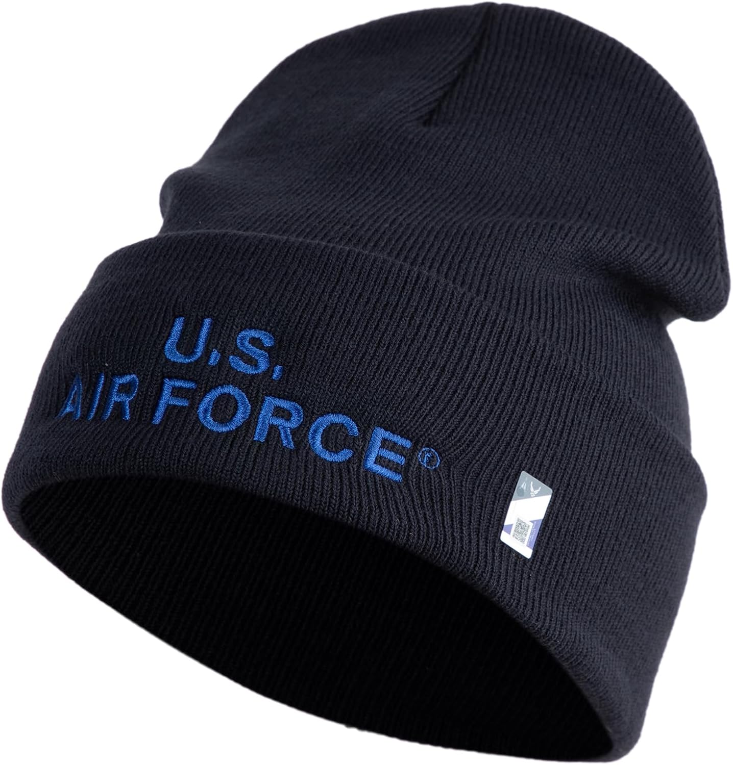 US Air Force Navy Letter Logo Embroidered 12 Inch Solid Knit Cuff Long Beanie Made in USA