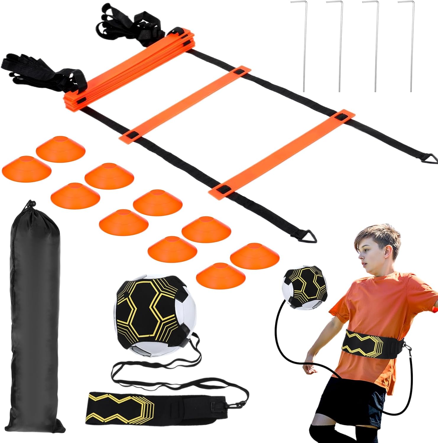 Pro Agility Ladder Soccer Kick Trainer Set 20ft 12 Rung 10 Cones and 4 Stakes Speed Agility Football Training Equipment with Carrying Bag