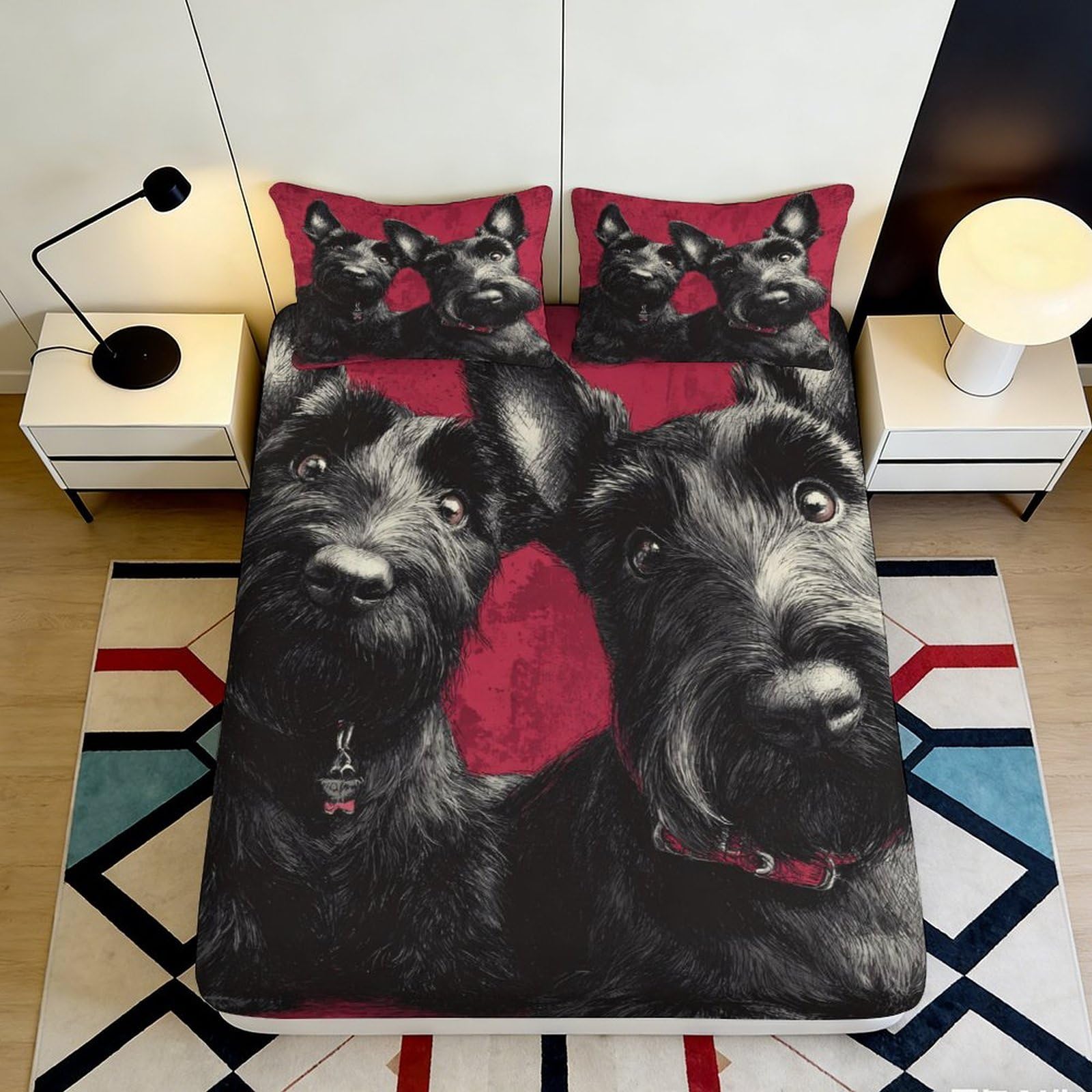3D Printed Black Scottish Terrier Dog Fitted Sheet Microfiber Red Cartoon Mattress Cover Bedroom Dorm Bed Decor 160x200x25cm