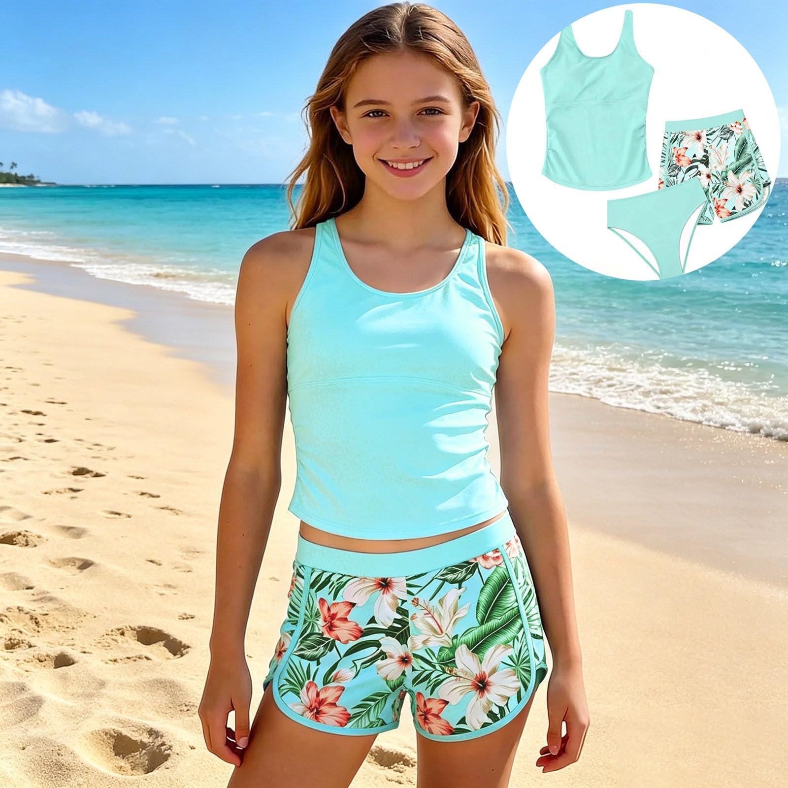 Mädchen Bikini Set Badeanzug 2-Teilig Einfarbig Badeshirt und High Taille Badeshorts mit Kordelzug Zweiteiliger Hawaiian Badebekleidung Strand Bademode Regular Tankini Sommer Schwimmanzug