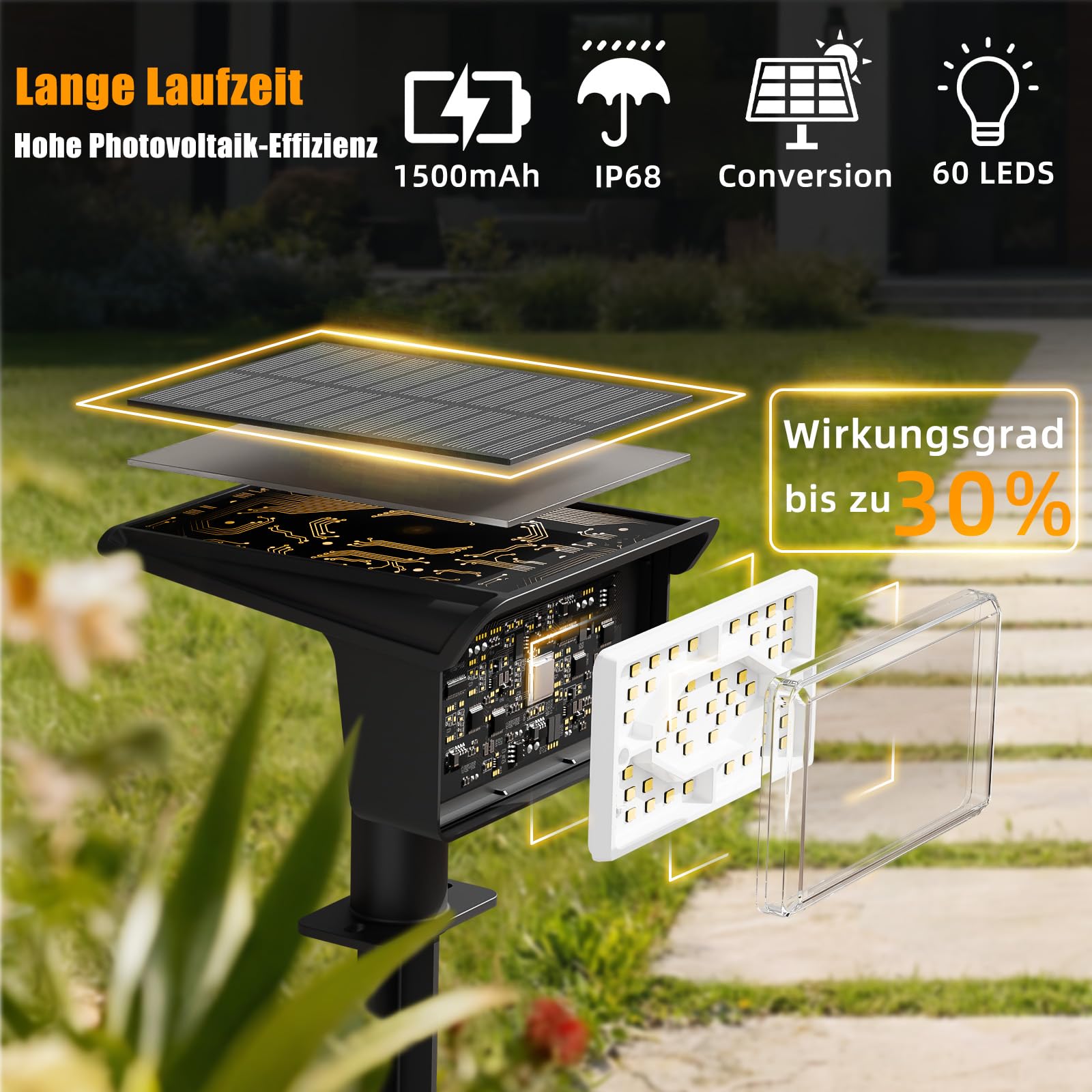 FLOWood Solarlampen für Außen Garten, 3000K Warmweiß Solar Strahler 4 Stück, 1500mAh IP68 Wasserdicht, 3 Helligkeitsmodi LED Gartenleuchten für Garten, Rasen, Auffahrt, Gehweg & Patio
