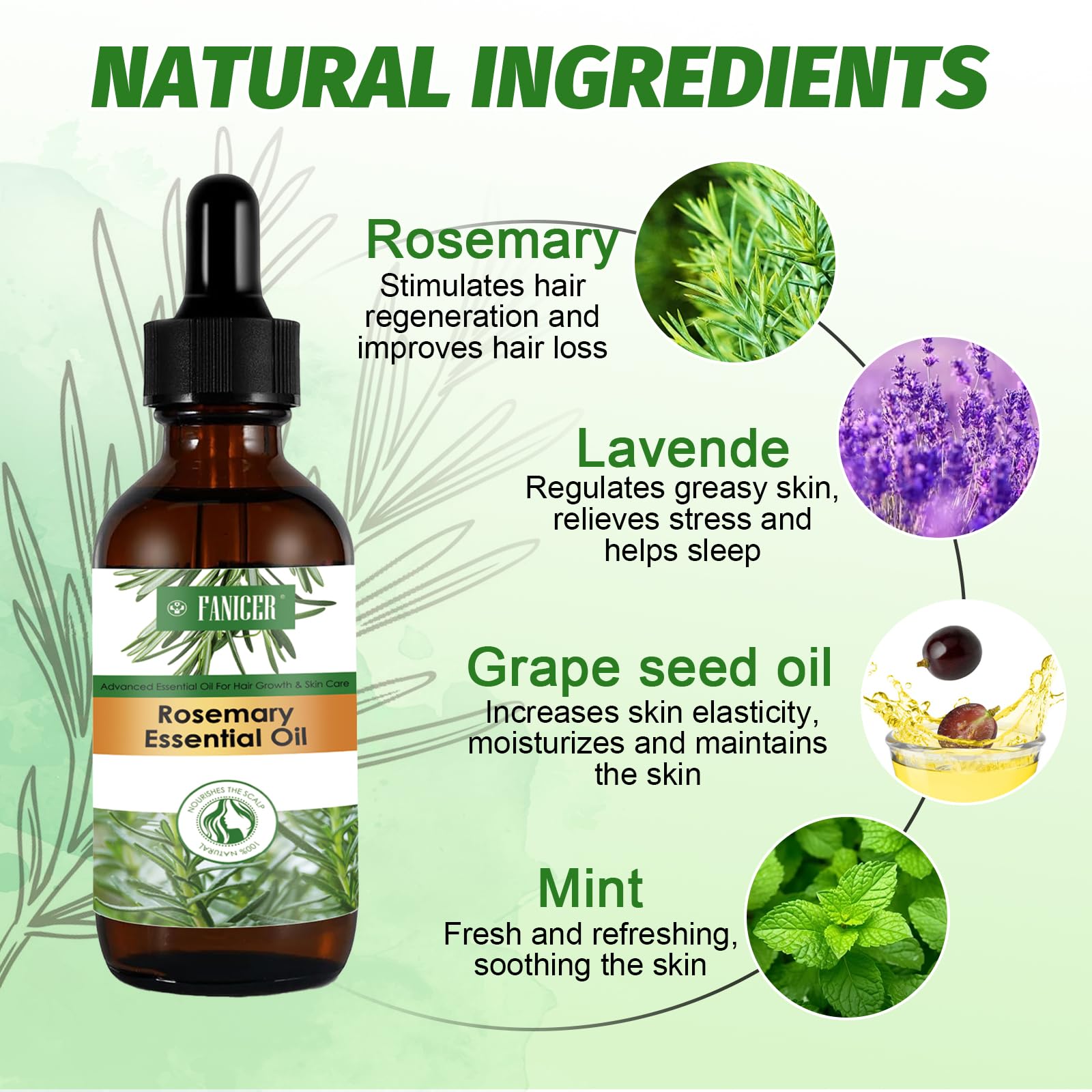 60ML Huile de Romarin pour Cheveux, Huile Romarin pour Cheveux Pousse, Rosemary Mint Oil, Hair Tonic pour Fortifier et À Favoriser La Repousse, Nourrir le Cuir Chevelu