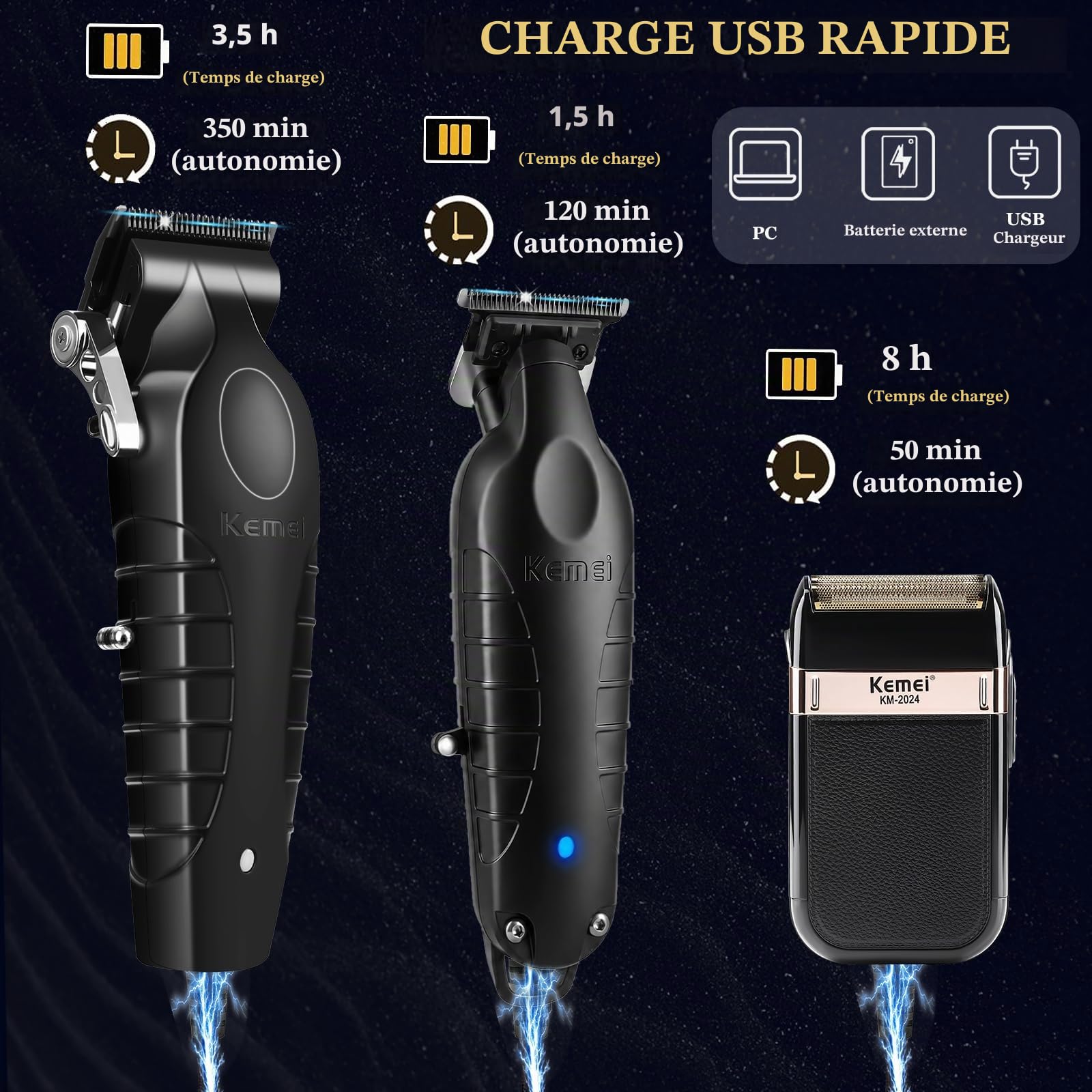 KEMEI 2296+2299+2024 Ensemble Tondeuse à cheveux professionnelle