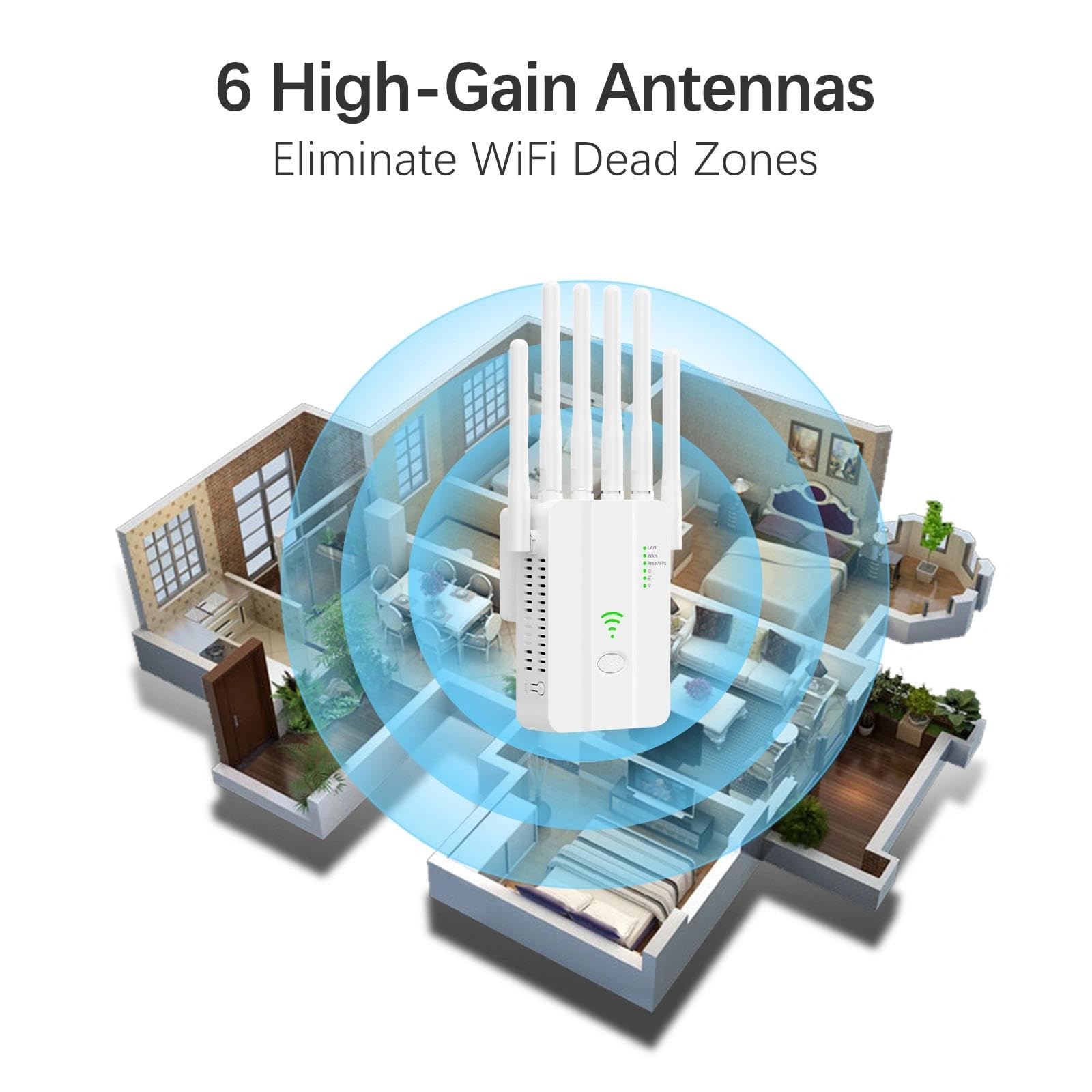 Amplificatore WiFi 1200 Mbps per Casa, Ripetitore Segnale WiFi 2.4GHz/5GHz con 6 Antenne ad Alto Guadagno, Porta LAN Gigabit, Modalità Router/AP, WPS, per Streaming Gaming Online Senza Interruzioni