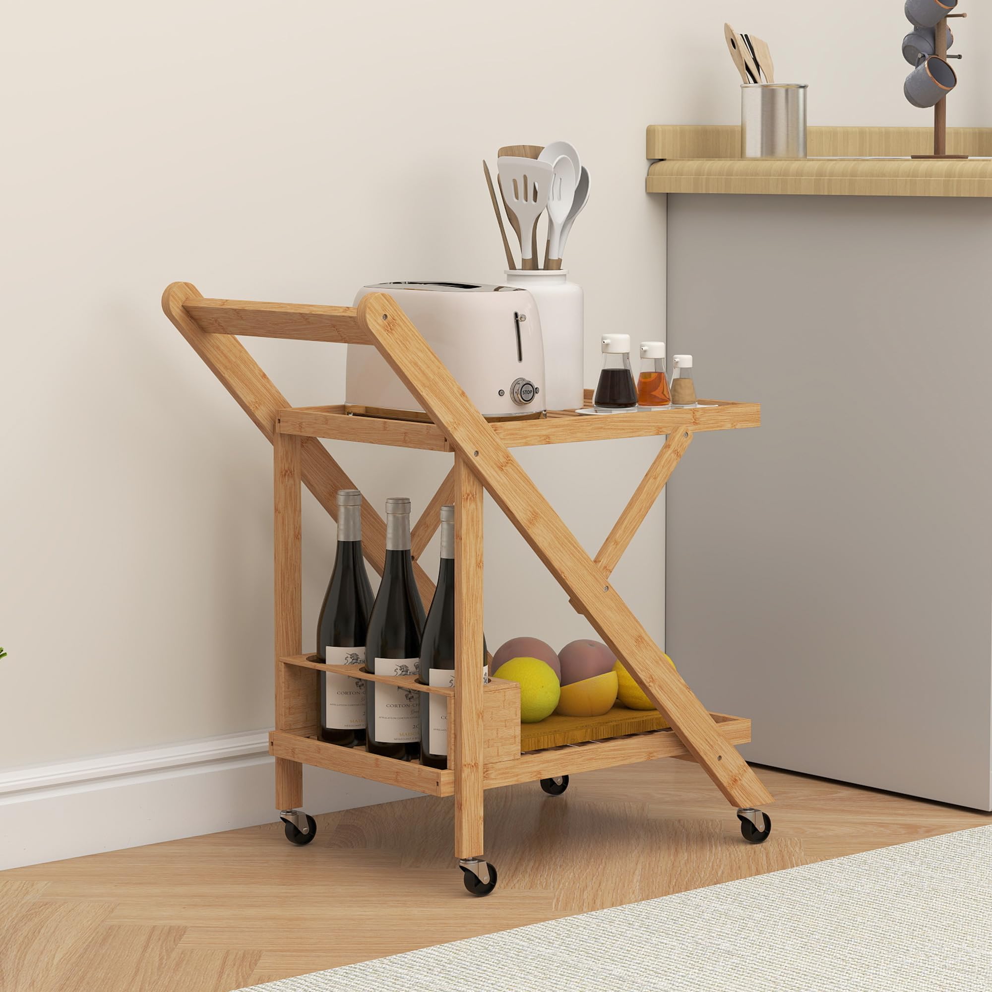 HOMCOM Desserte de Cuisine en Bambou, Chariot de Service Pliable, avec 2 Plateaux, 4 Roues, 3 casiers à vin, 66 x 40 x 70 cm, Bois Naturel