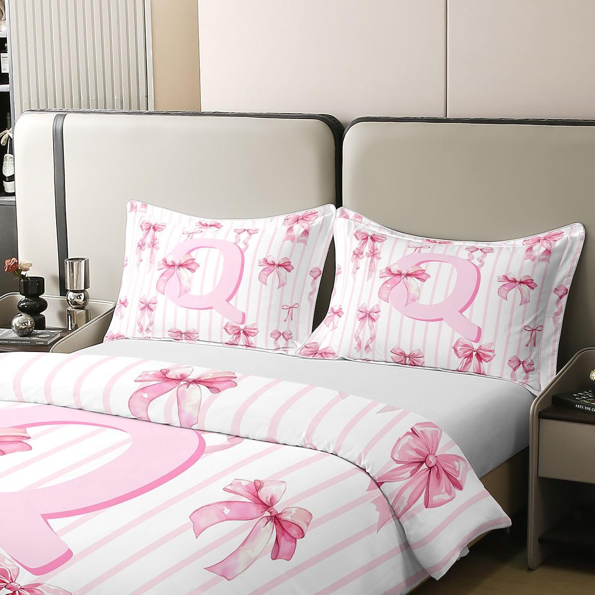 Homewish Różowa marzycielska kokarda podwójna pościel inicjał litera monogram bawełna poszewka na kołdrę zestaw uroczy kawaii kokarda poszewka na kołdrę romantyczna dziewczęca zestawy łóżek