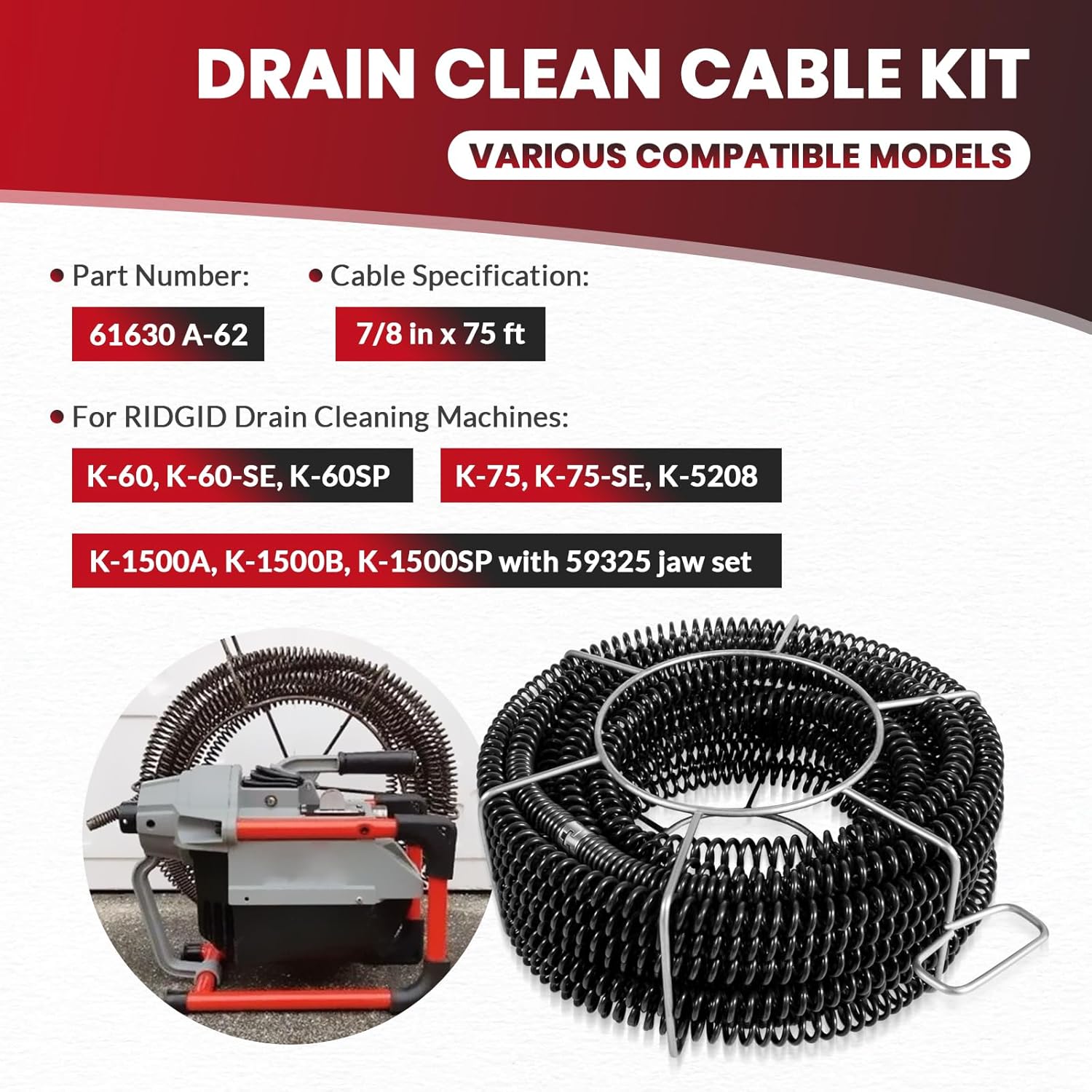 61630 Sectional Drain Cleaning Cable Kit, Replace for RIDGID A-62 7/8” Cable Kit, for K-60, K-75, K-1500 & K-5208 Drain Cleaners, C-10 7/8” x 15’ Five Sections, 75ft / 23m
