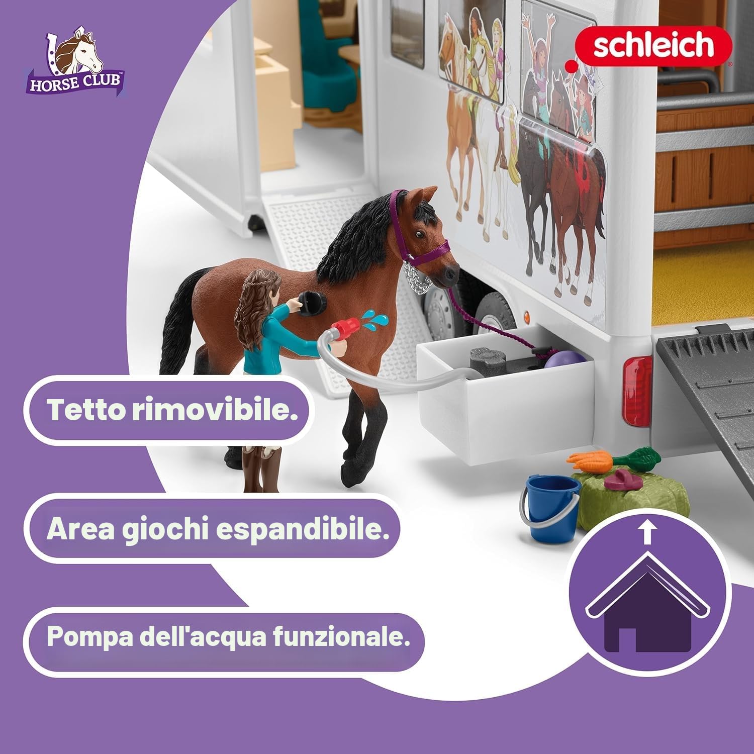 Schleich HORSE CLUB | Trasportatore di cavalli 42619 | dai 5 anni | con box, 3 cavalli, Lisa, i suoi genitori e accessori | regalo per bambine e bambini | giocattolo con cavalli dai 5 anni | se