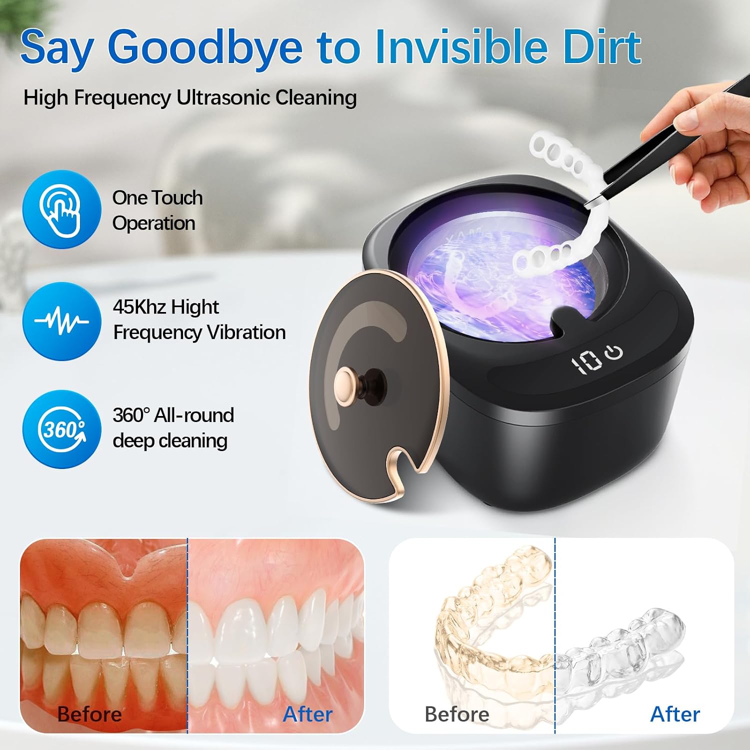 Retainer Cleaner Machine - Raccomb LED Light Dental Cleaner for Dentures, Aligner, InvisalignMouth Guard, Night Guard Cleaner