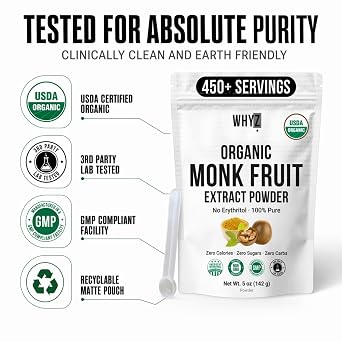 Organic Monk Fruit Extract, 100% Pure Monk Fruit Sweetener Organic No Erythritol and Zero Calorie, Sugar Substitute, Powdered Monkfruit Sweetener Keto and Paleo Diet Friendly, 458 Servings, 5 oz