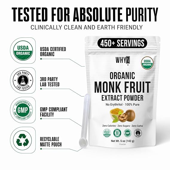 Organic Monk Fruit Extract, 100% Pure Monk Fruit Sweetener Organic No Erythritol and Zero Calorie, Sugar Substitute, Powdered Monkfruit Sweetener Keto and Paleo Diet Friendly, 458 Servings, 5 oz