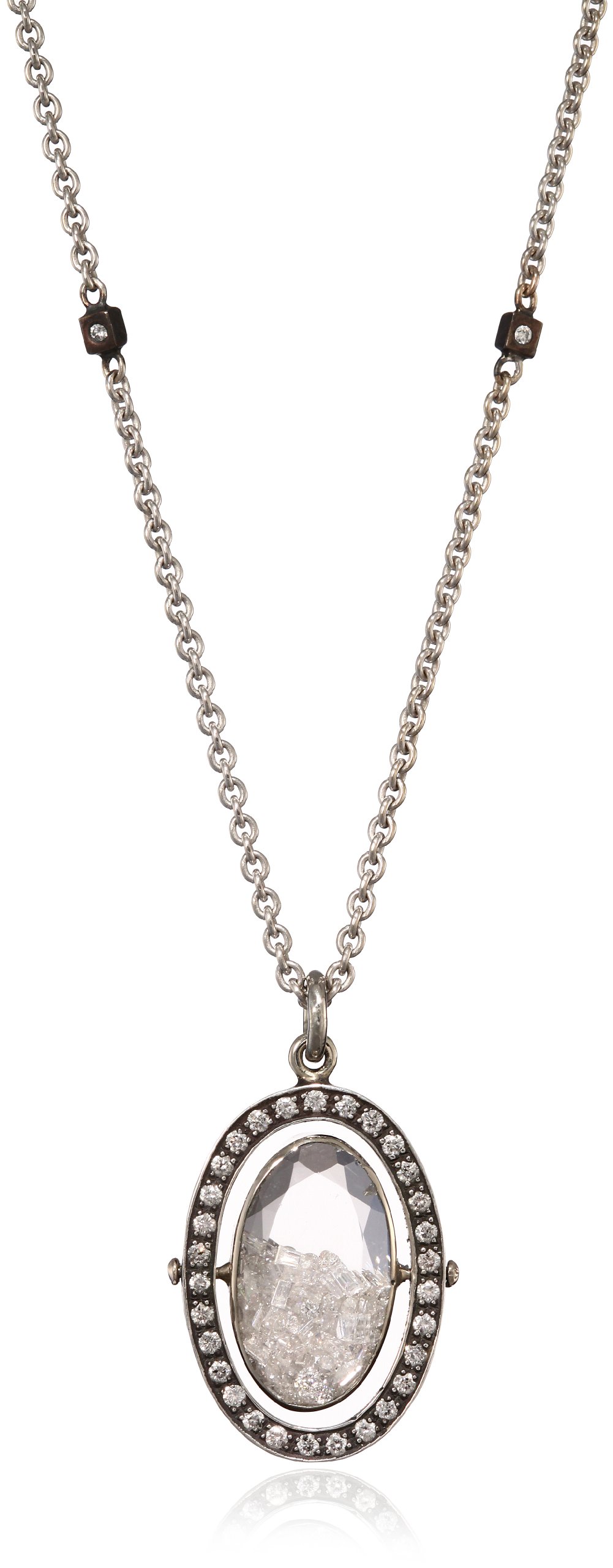 "Kaleidoscope" 14K White Gold Floating Diamond Oval Pendant Necklace