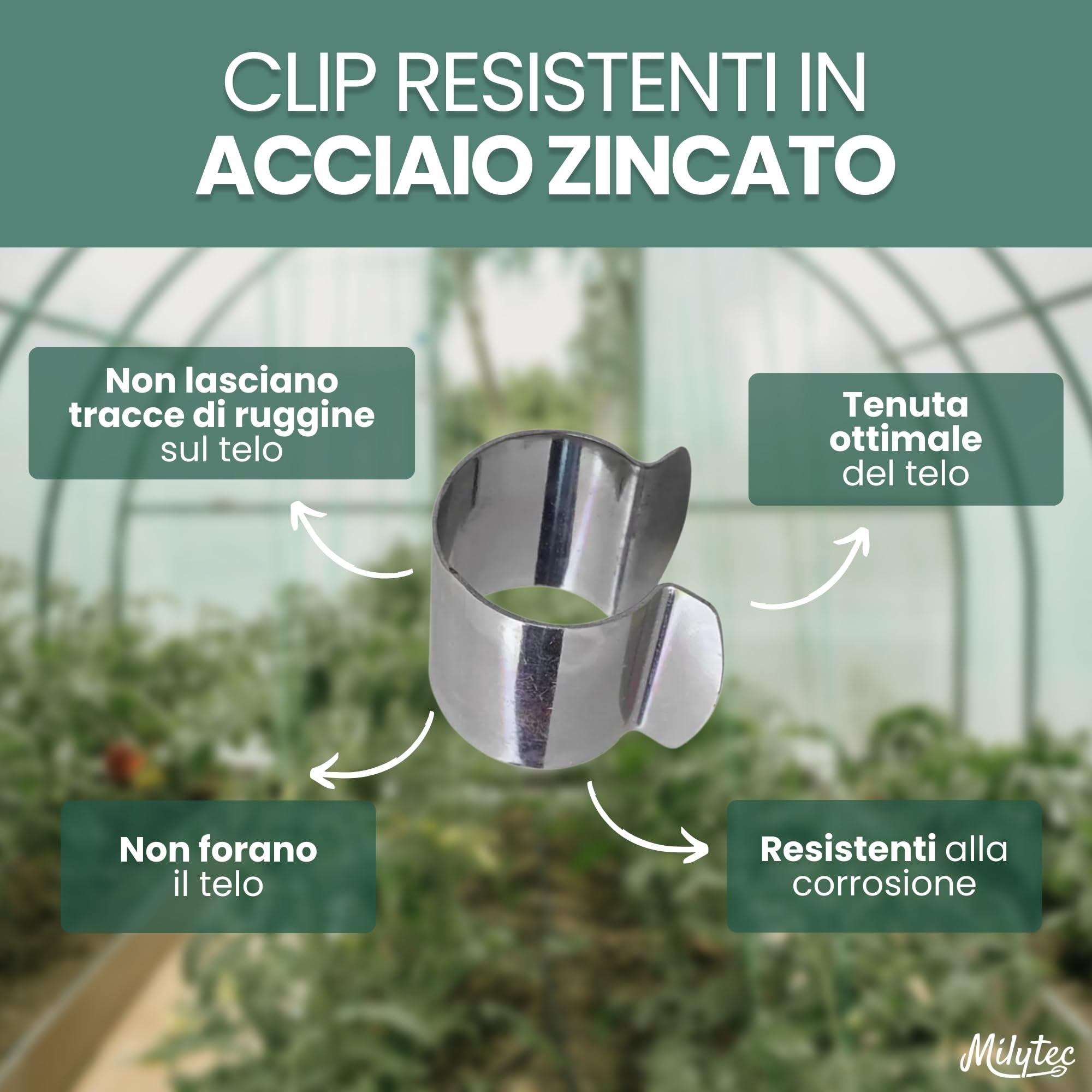 50 clip per serra diametro 25 mm in acciaio zincato, clip di fissaggio metallo per telone serra tunnel, protezione piantine piantagioni, resistenza vento tempeste