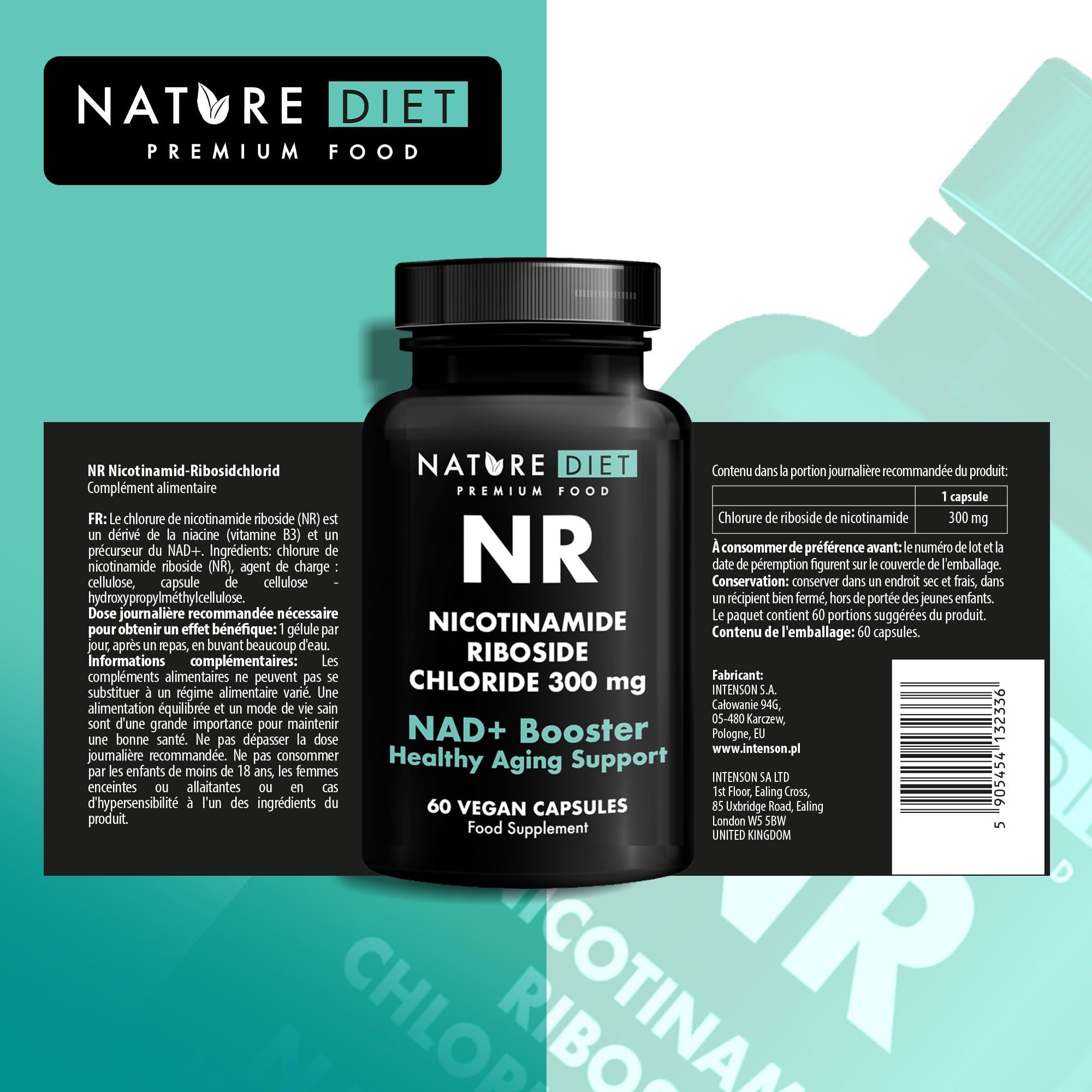 Nature Diet NR - 300 mg de Riboside de Nicotinamide - NAD+ Booster - 60 Capsules Végétaliennes - Soutien au Vieillissement Sain - La Vitamine de la Jeunesse