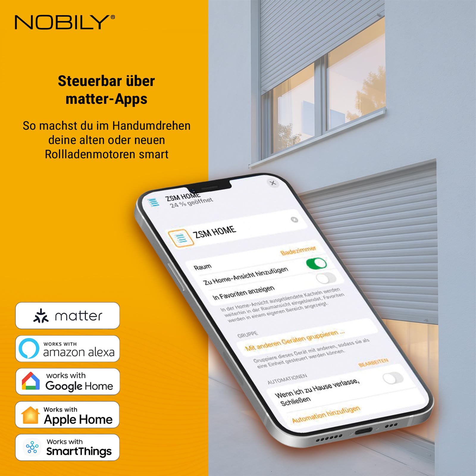 Nobily Matter Rolladenschalter ZSM Home Smart Home Rolladensteuerung (50x50mm), Sprachsteuerung, kompatibel und steuerbar mit Apple HomeKit, Alexa und Google Home - Made in Germany