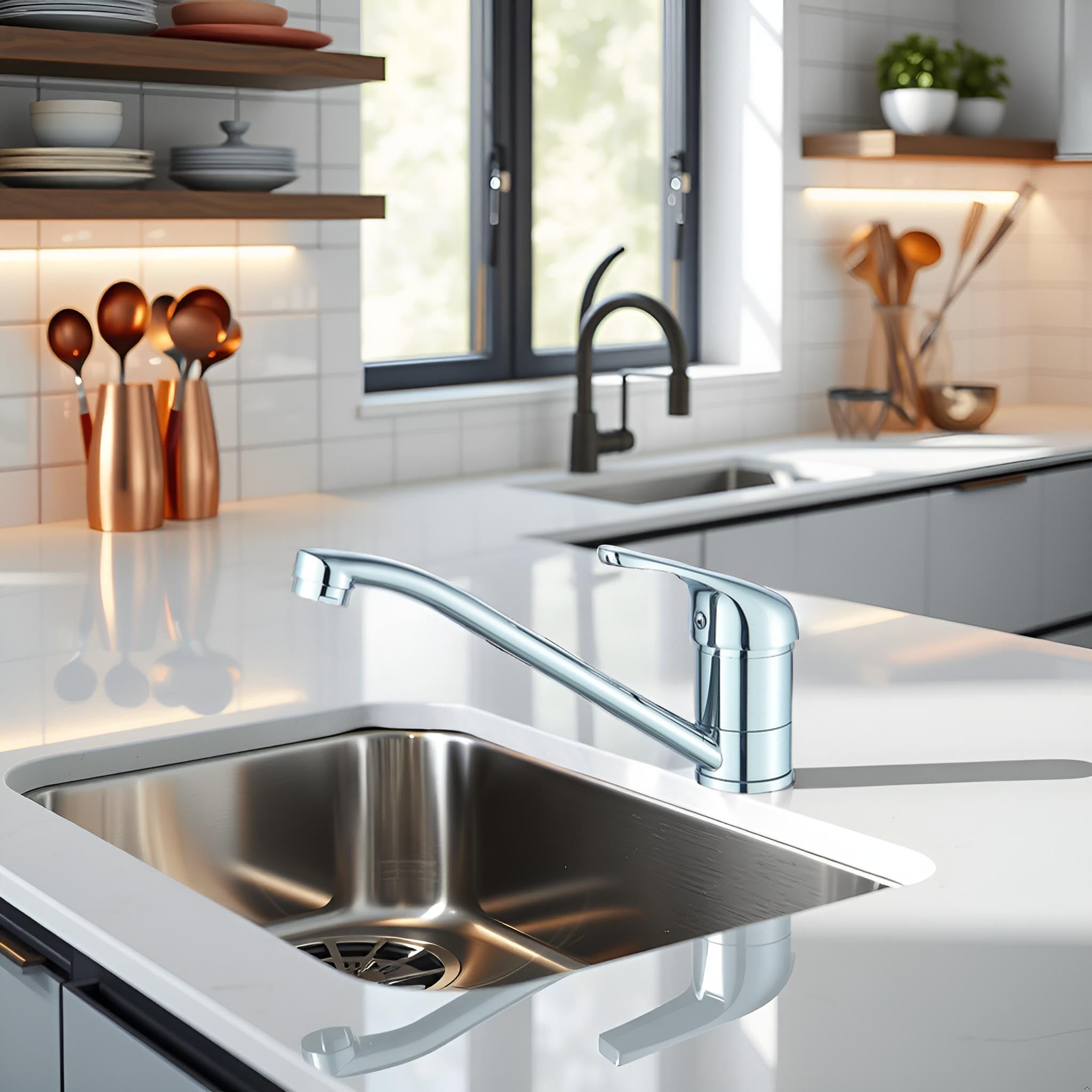 CATA Grifo De Cocina CBB CROMO/D Monomando Caño Bajo Giratorio 360º Acero Inoxidable Aireador Anticalcáreo Cartucho Cerámico Reductor Caudal 5L Apertura En Frío Conexión Flexible Acabado Inox
