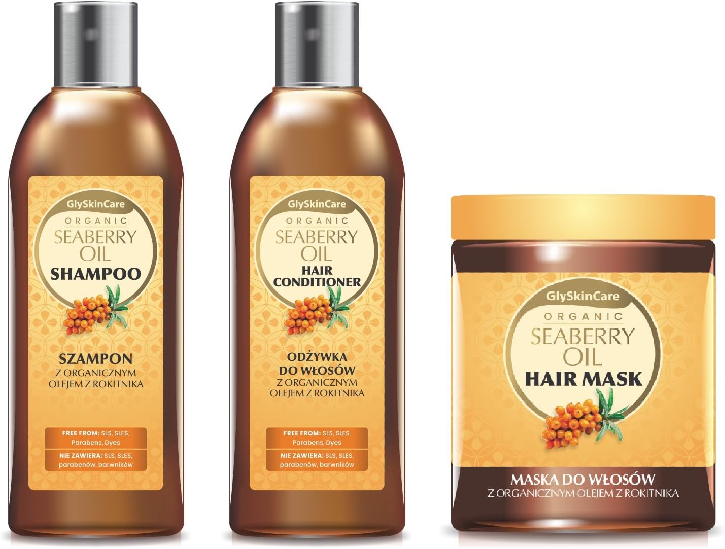 Organic Seaberry Oil Hair Treatment Set: Hair Conditioner & Shampoo & Hair Mask - Infused with Natural Ingredients - Free from SLS, parabens and dyes