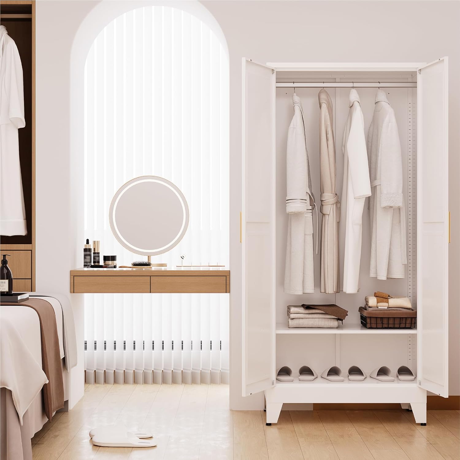 71" Tall Metal Armoire Wardrobe Closet with Hanging Rod and 2 Adjustable Shelves,White Storage Cabinet,Steel Wardrobe for Bedroom Garage Laundry Room Office Apartment Amployees