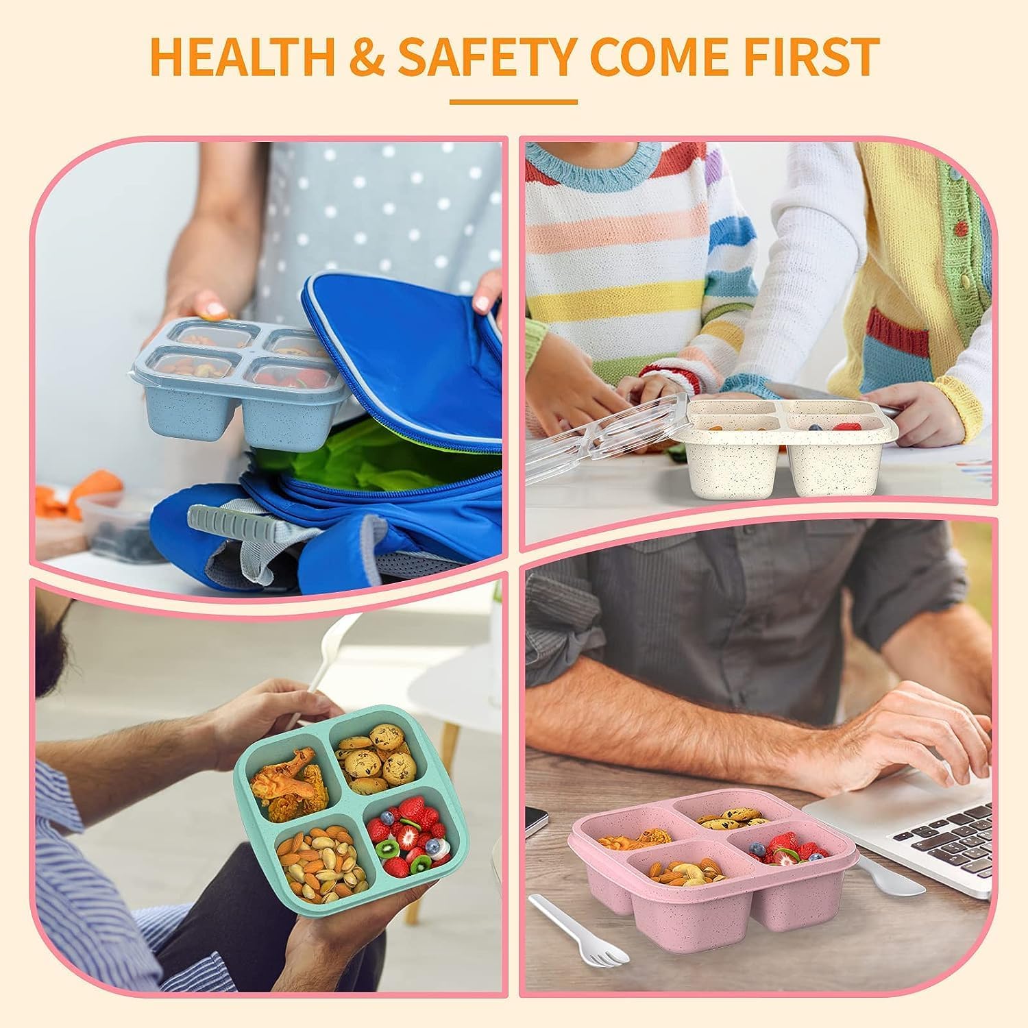 Bento Snack Boxes 4 Pack, Reusable Bento Boxes Kids with 4 Compartments & Fork, Lunch Snack Containers for Kids Adults, Divided Food Storage Containers for School Work Travel (Wheat)