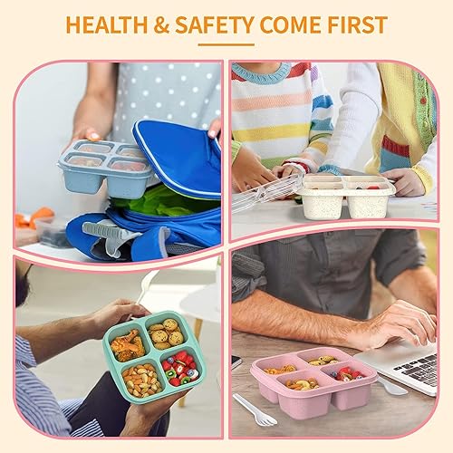 Miniatura 6 de Paquete de 4 cajas Bento para aperitivos, cajas Bento reutilizables para niños con 4 compartimentos y tenedor, recipientes de almuerzo para niños y