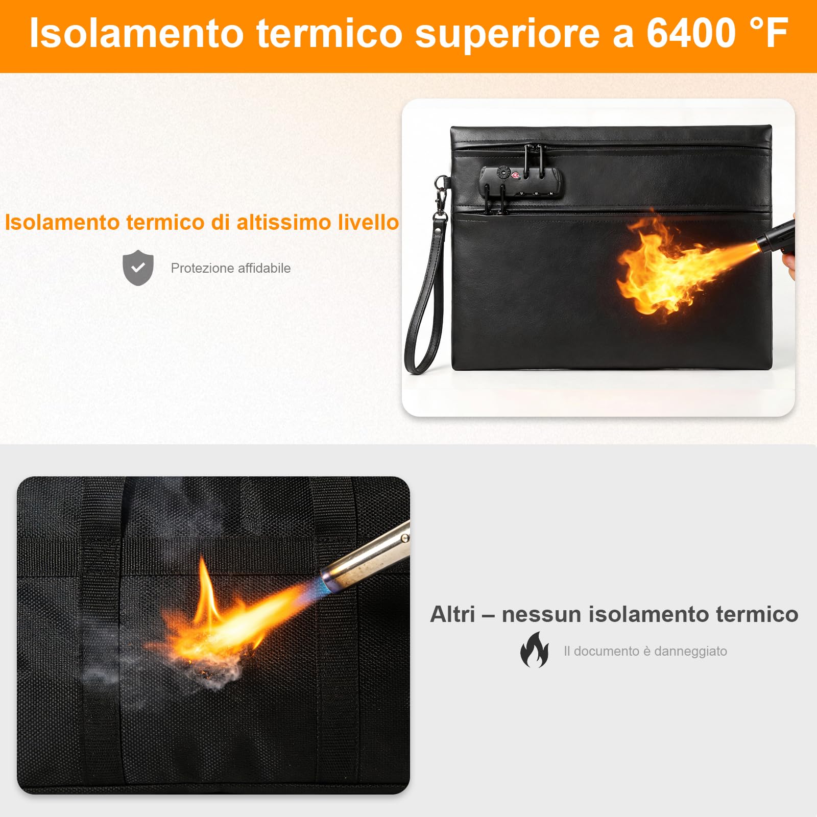 Borsa per Documenti Ignifuga Impermeabile 6400°F con Serratura 12 Strati Valigetta Portatile Anti Fuoco Nero 36x26cm