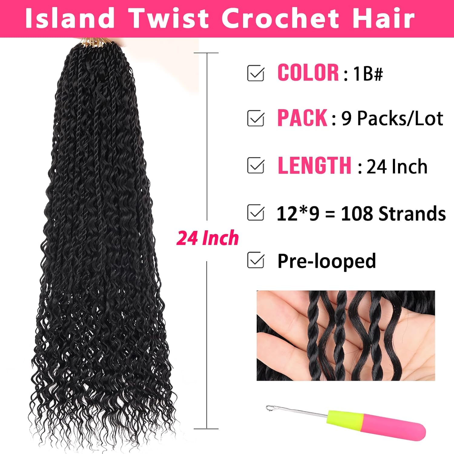 9 Packs 24 Inch Senegalese Twist Crochet Hair with Curls Pre-Looped Boho Island Twist Crochet Braids with Curly Ends Pre-Twisted Goddess Senegalese Twist for Women Braiding Hair Extensions 1B#