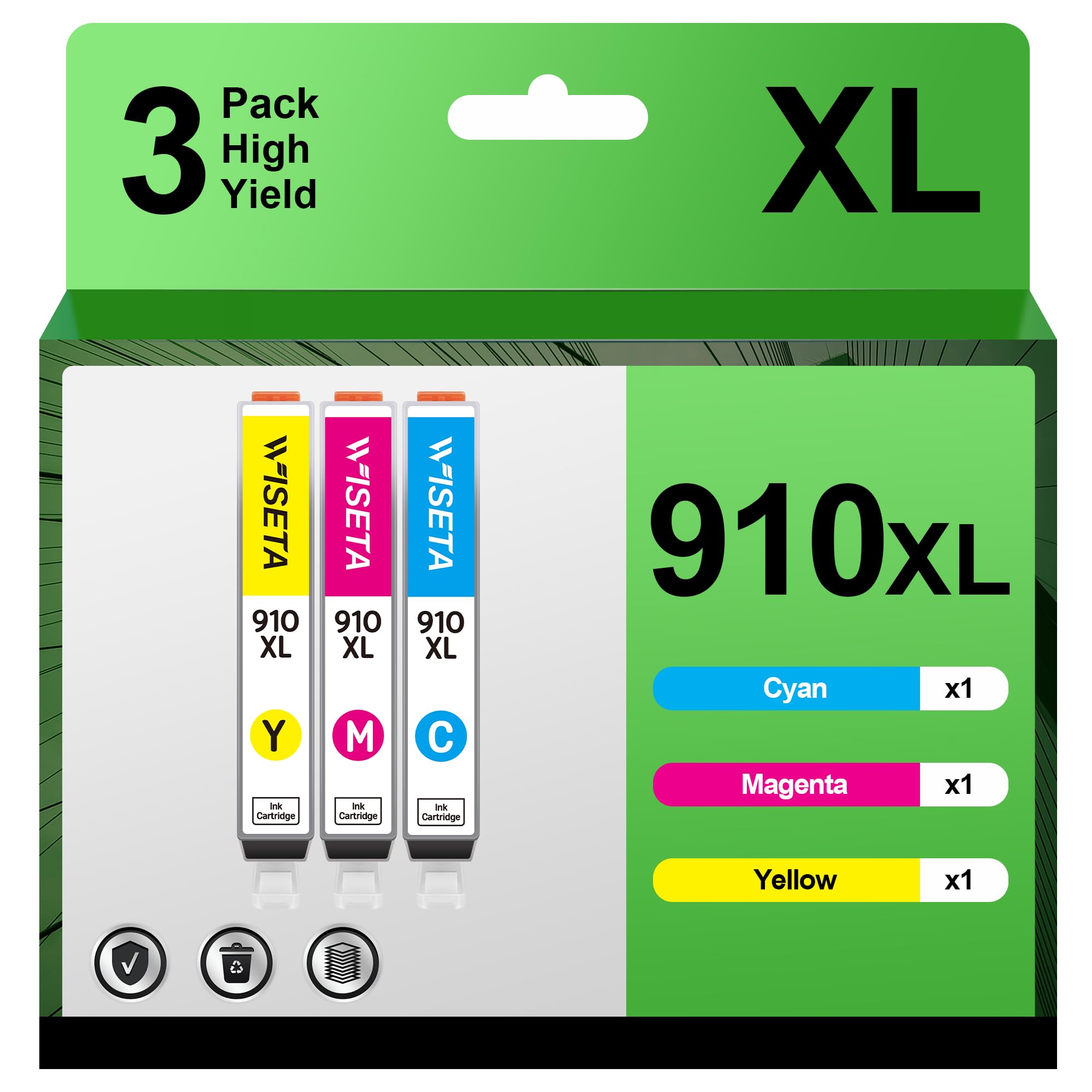 Wiseta 910XL Ink Cartridges Combo Pack for HP 910XL Ink Cartridges to Work with HP OfficeJet 8010 8015 8018 8022 OfficeJet Pro 8020 8025 8028 8030 8035 (Cyan, Magenta, Yellow, 3-Pack)
