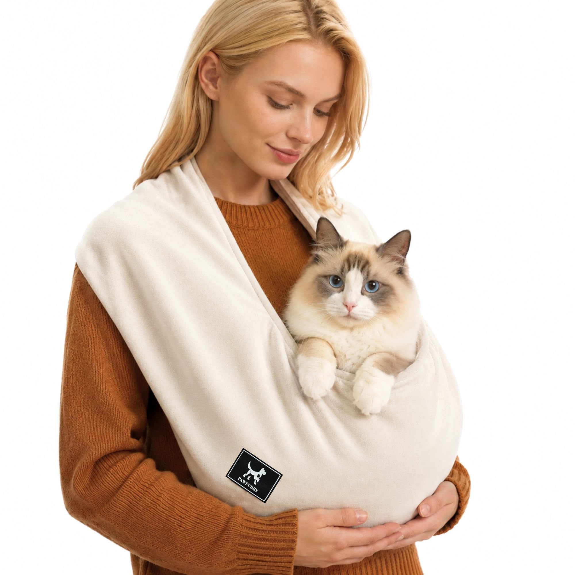 PAWPUBBY Cat Carrier Sling, Hands-Free Pet Sling Carrier for Small Dogs & Cats - Soft Breathable Kitten Pubby Sling Carrier Calming Kangaroo Pouch, Indoor Snuggling & Travel (Apricot, Medium)