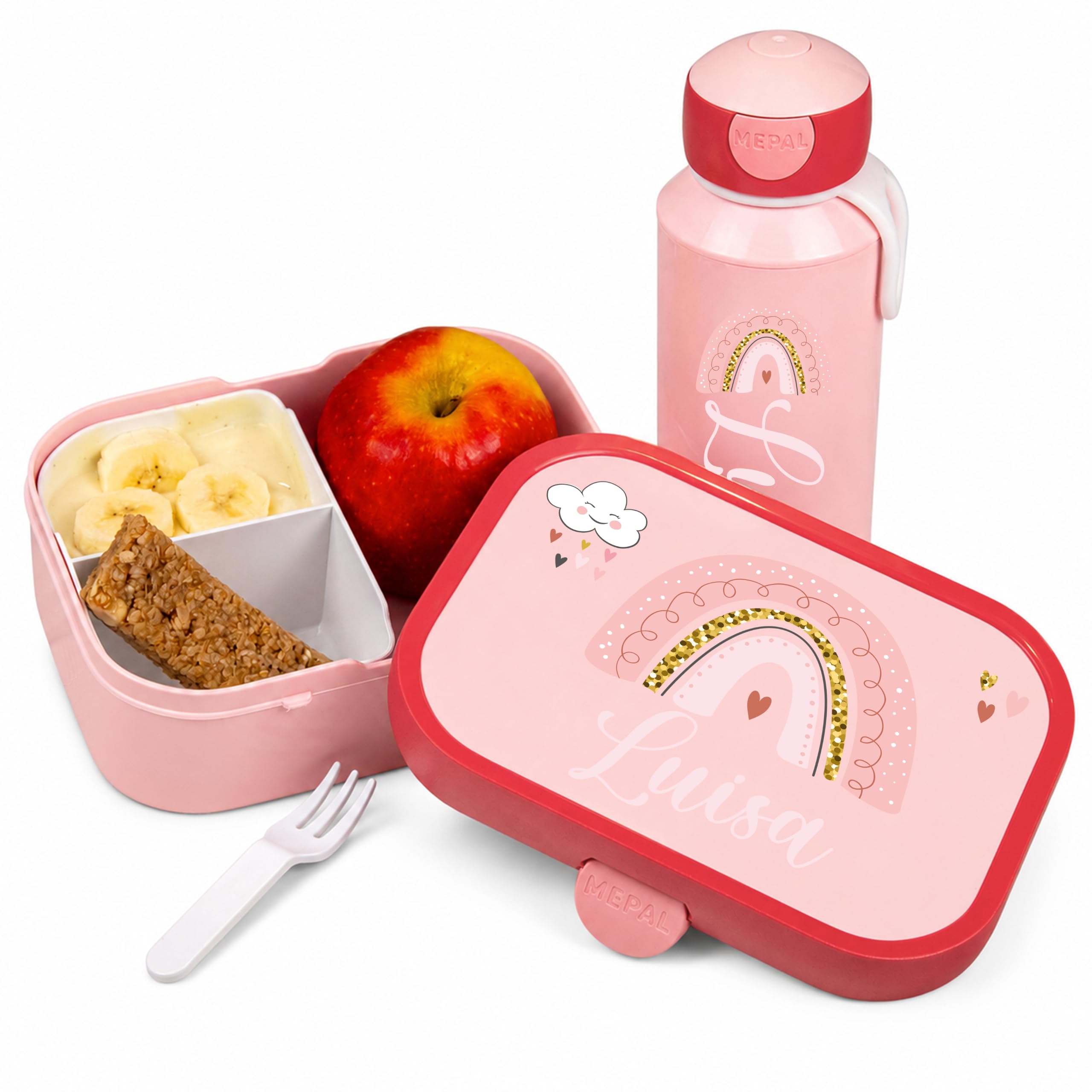 Mepal Personalisierte Brotdose Trinkflasche | Regenbogen mit Herz + Wolke | Geschenk Einschulung Mädchen Junge Kitastart Schule Schulanfang Lunchbox Flasche Bento Box Vesperdose Kindergarten Schulkind