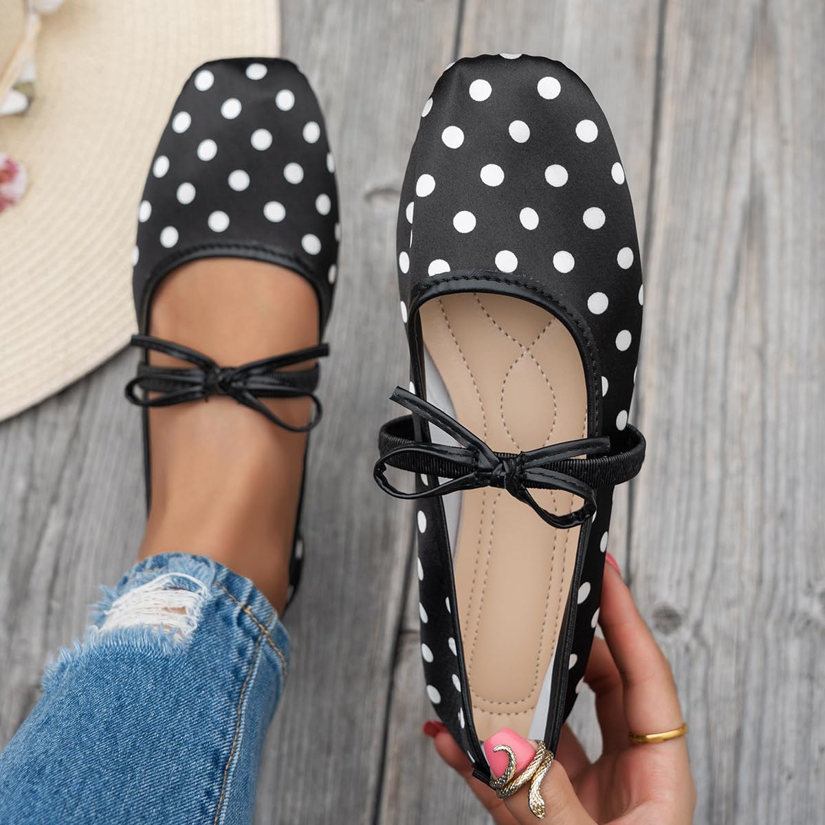 Zapatos planos de ballet con lazo para mujer